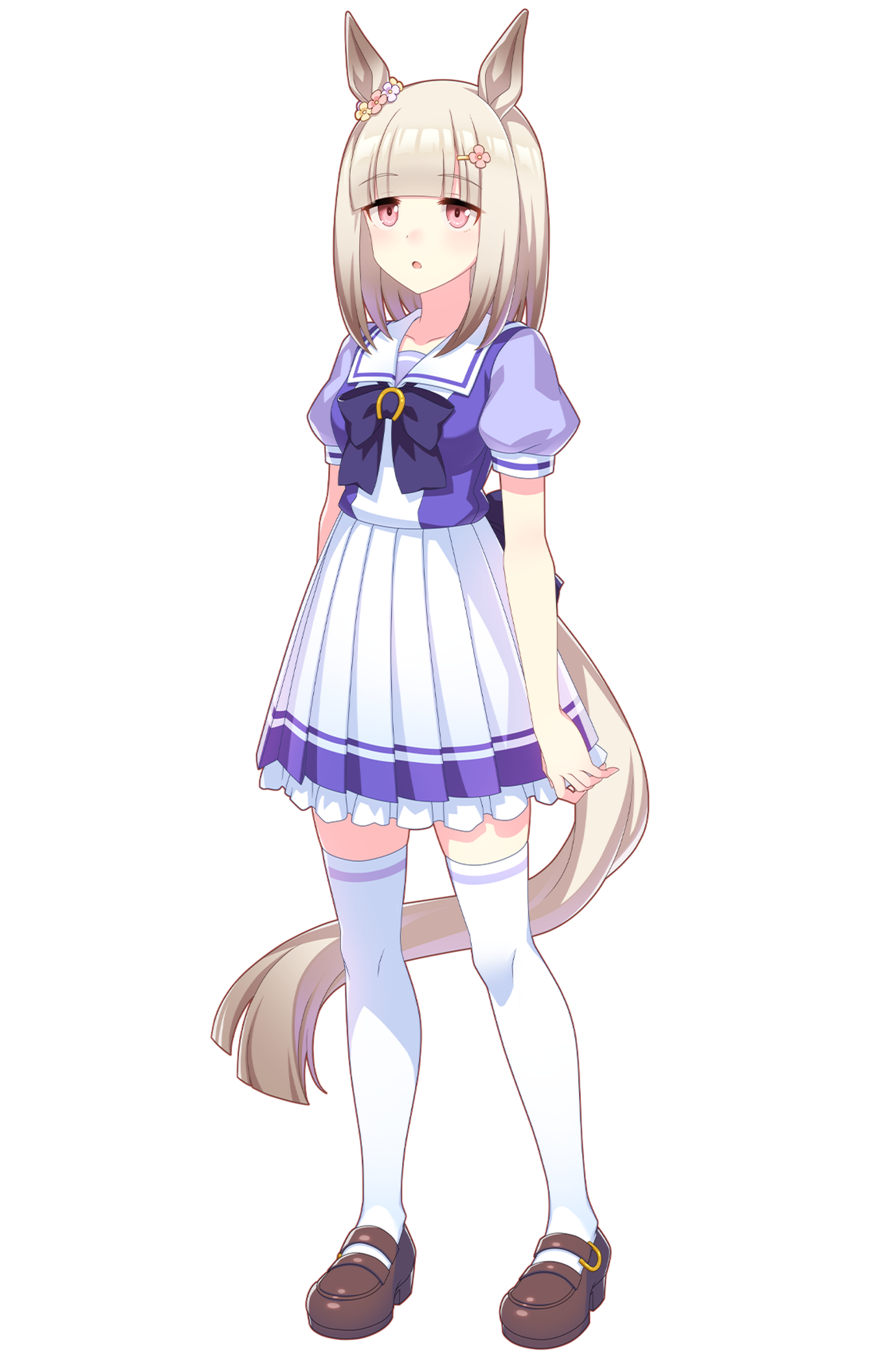 An anime-style character with light hair and pink eyes wearing a purple and white school uniform