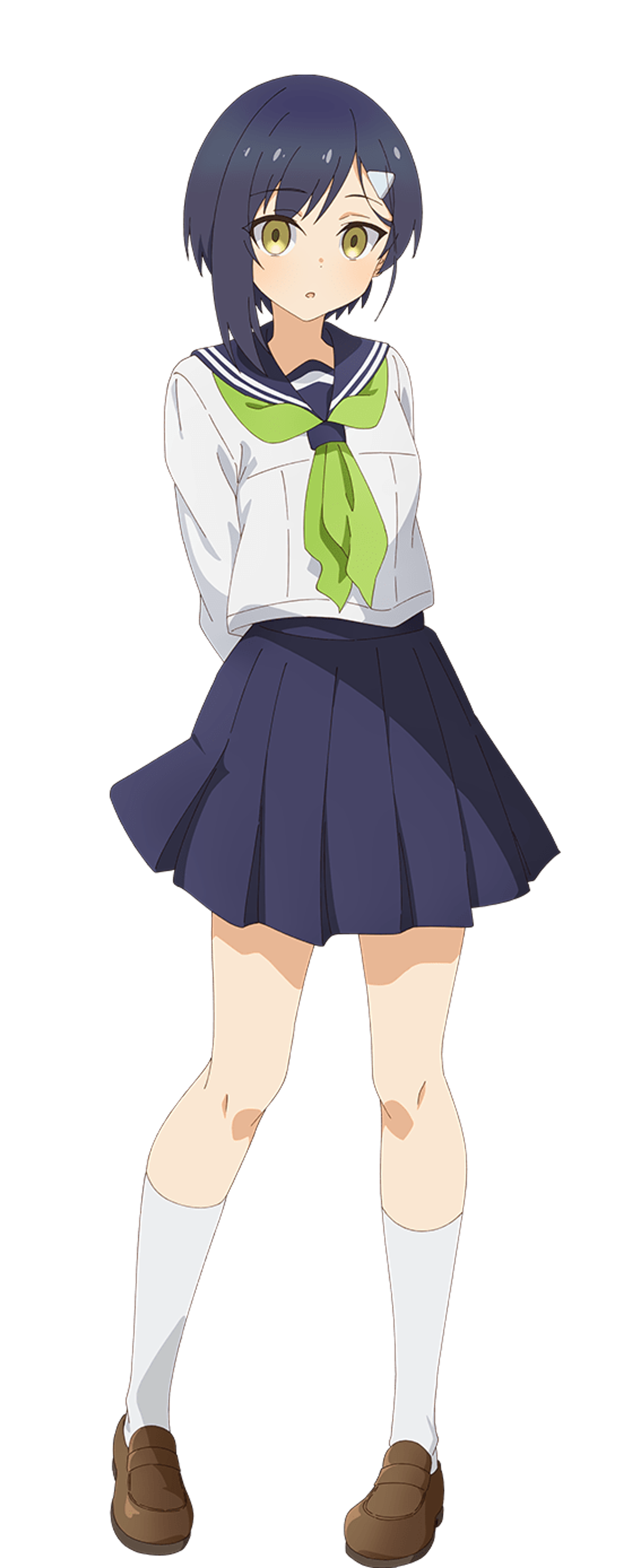 An anime-style character with dark blue hair and yellow eyes, wearing a white school uniform with a green scarf.