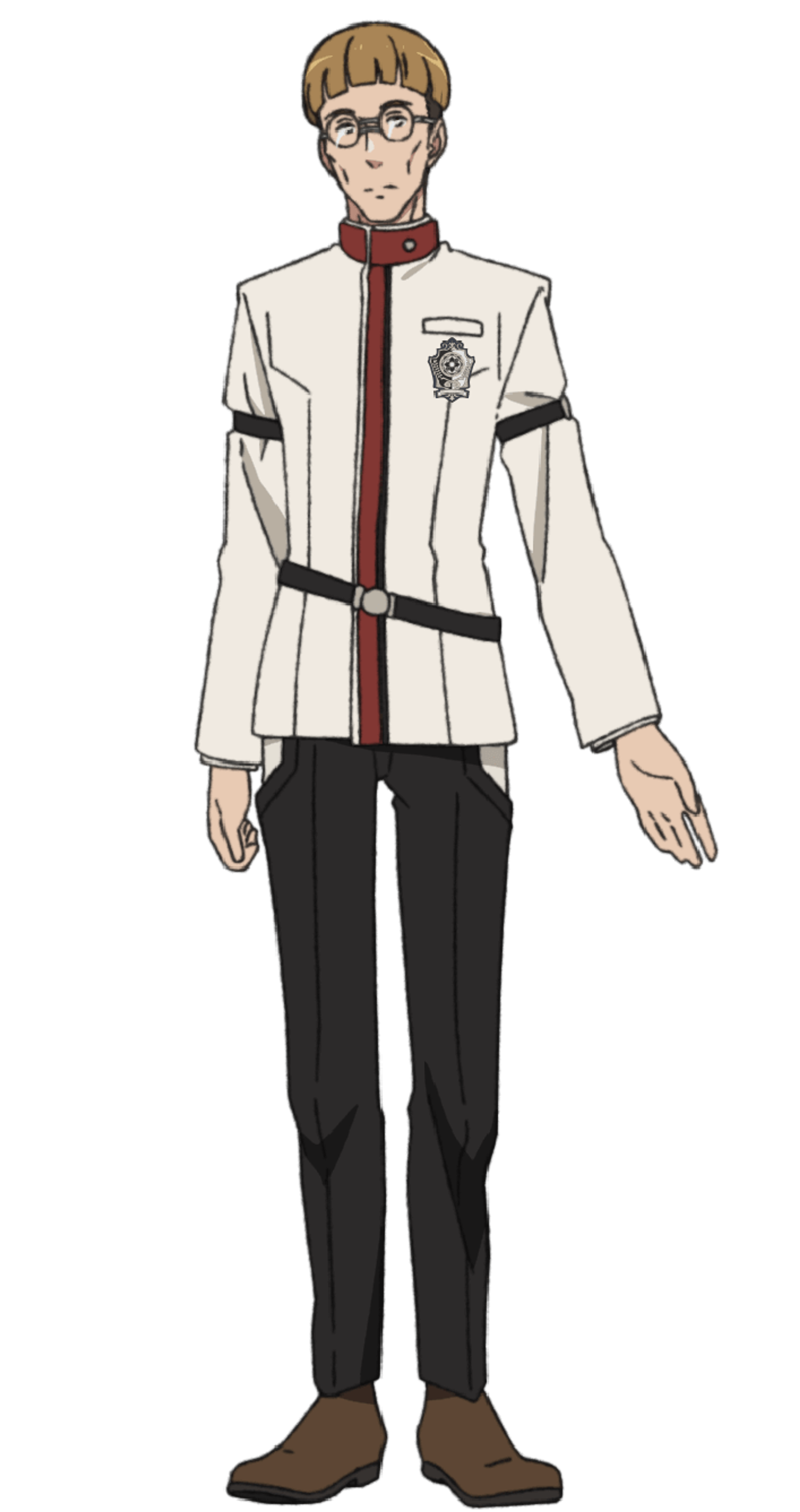 A man with glasses and a bowl-cut hairstyle wearing a white uniform with a red collar and belt.