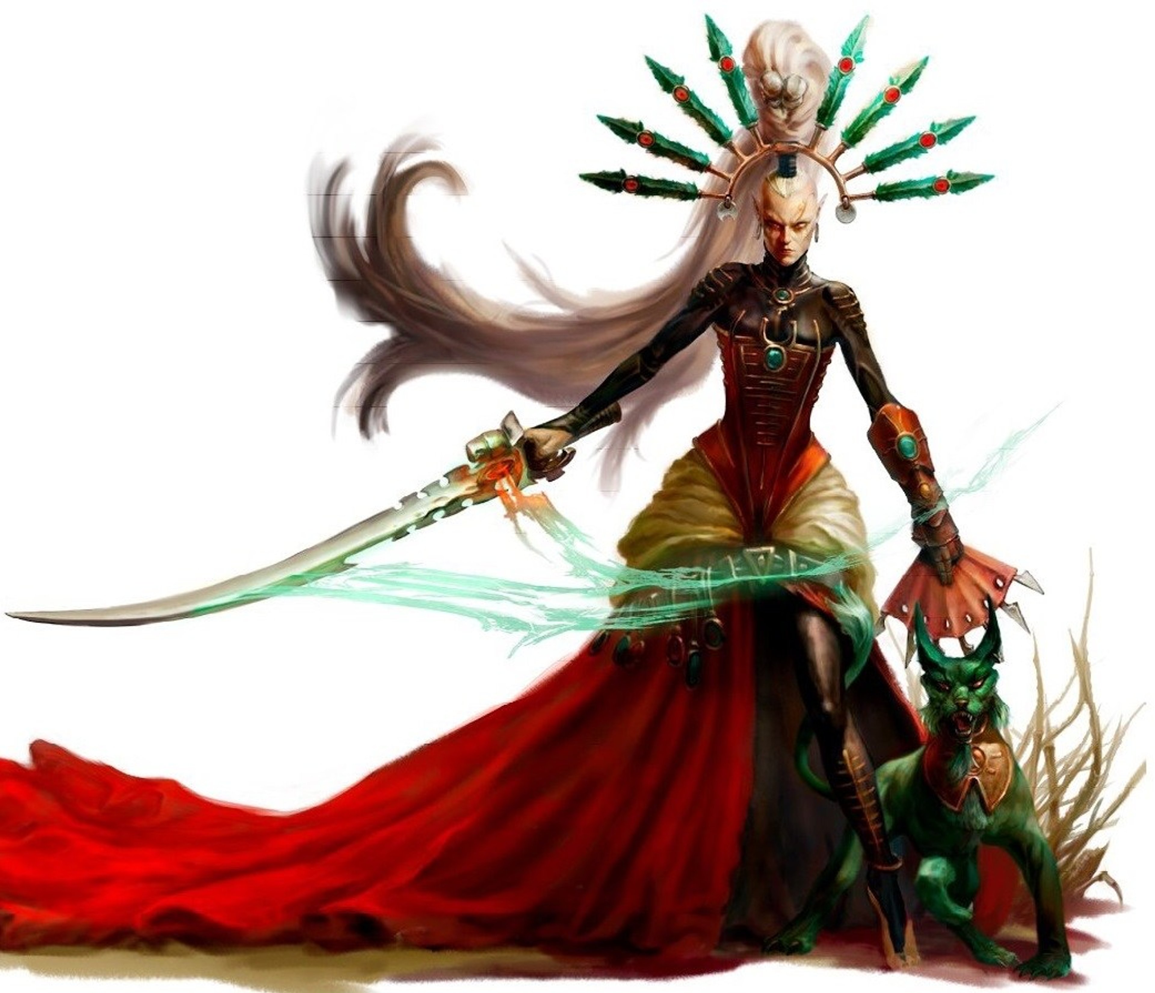 A female Eldar warrior and mystic named Yvraine, holding a large curved sword and wearing an elaborate costume with a red cape.