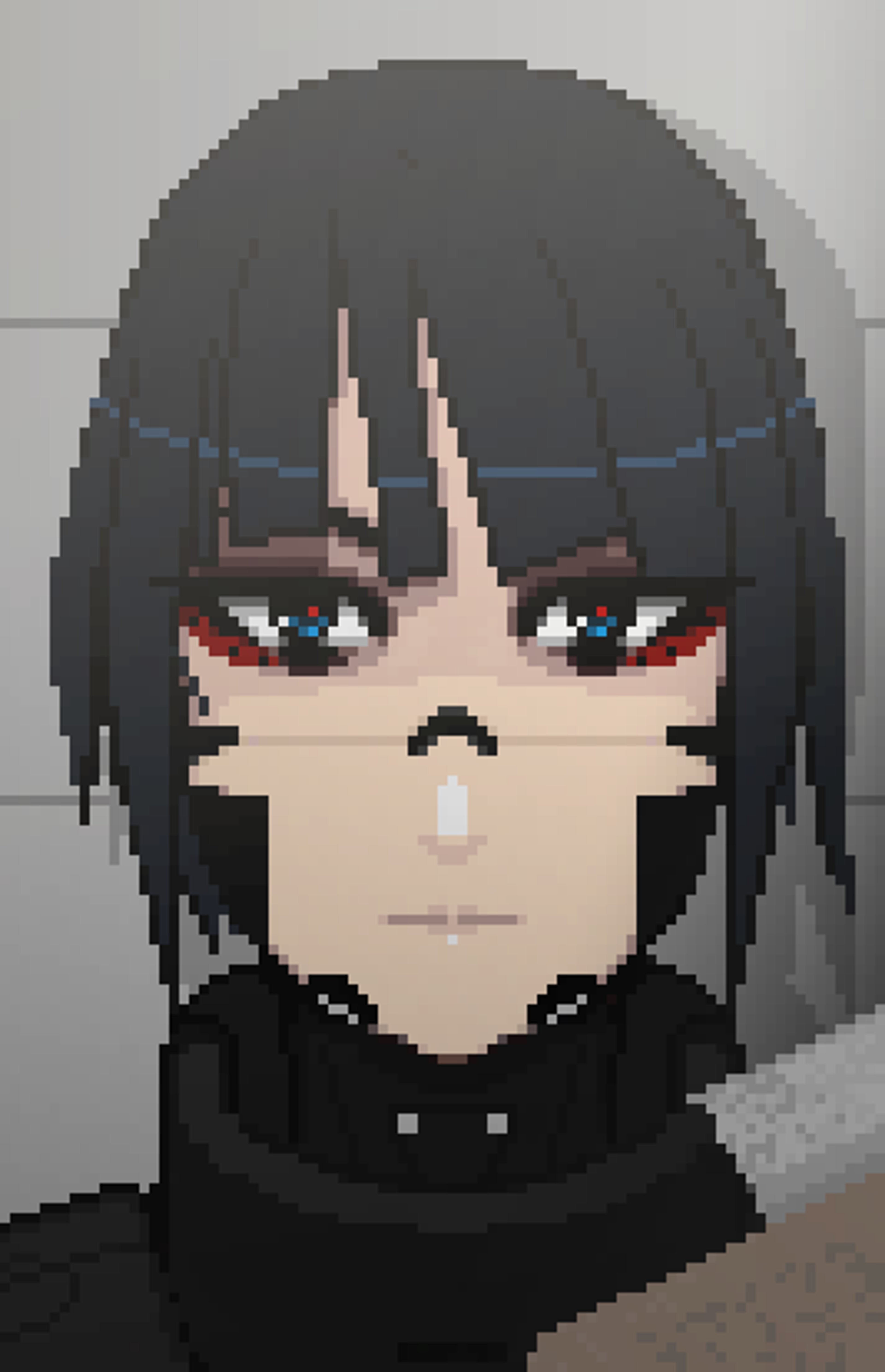 A detailed pixel art portrait of a robotic security unit with a stern, angular face and a black uniform with armor plating.