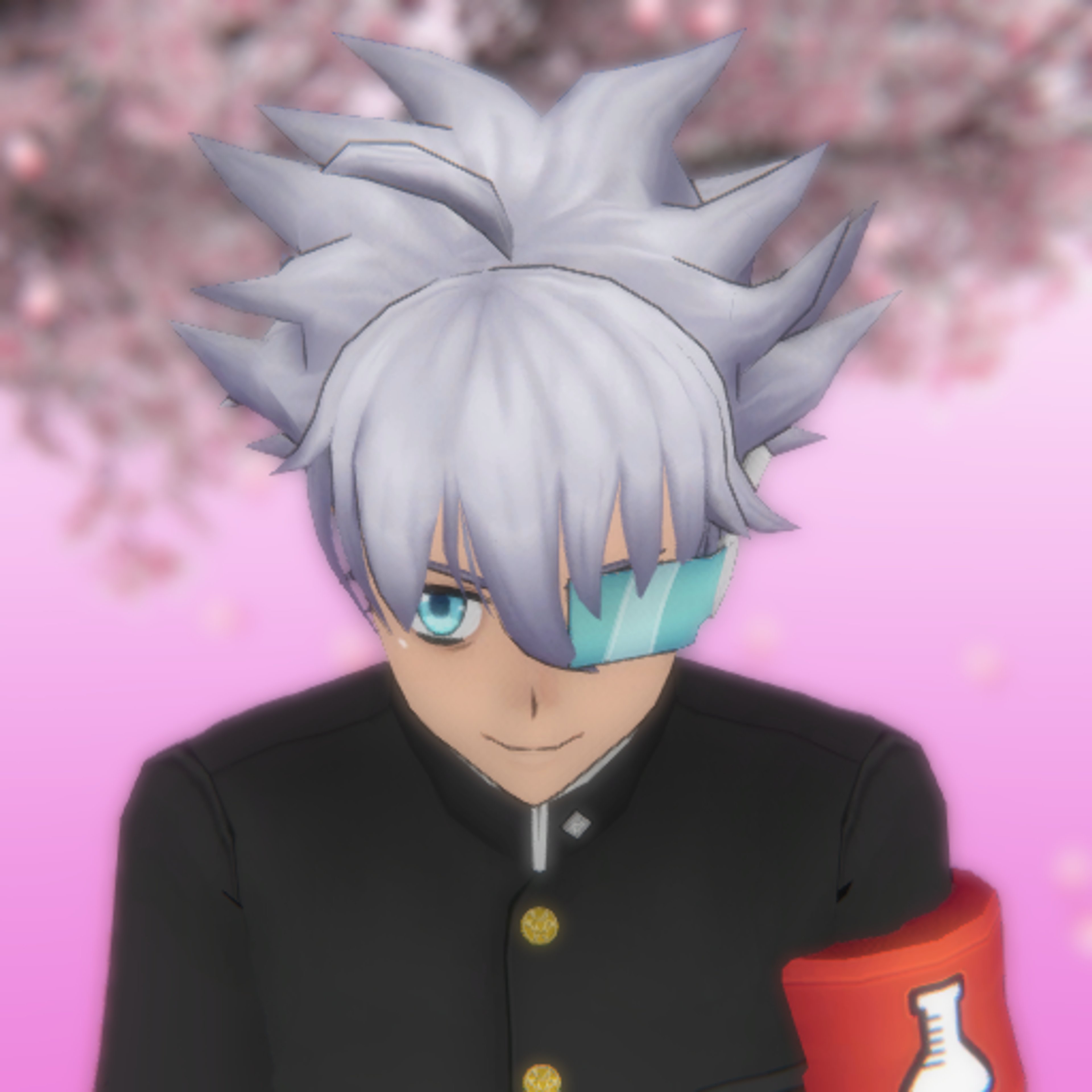 An anime-style character with messy silver-blue hair and light blue eyes, wearing a lab coat and school uniform with a red armband.