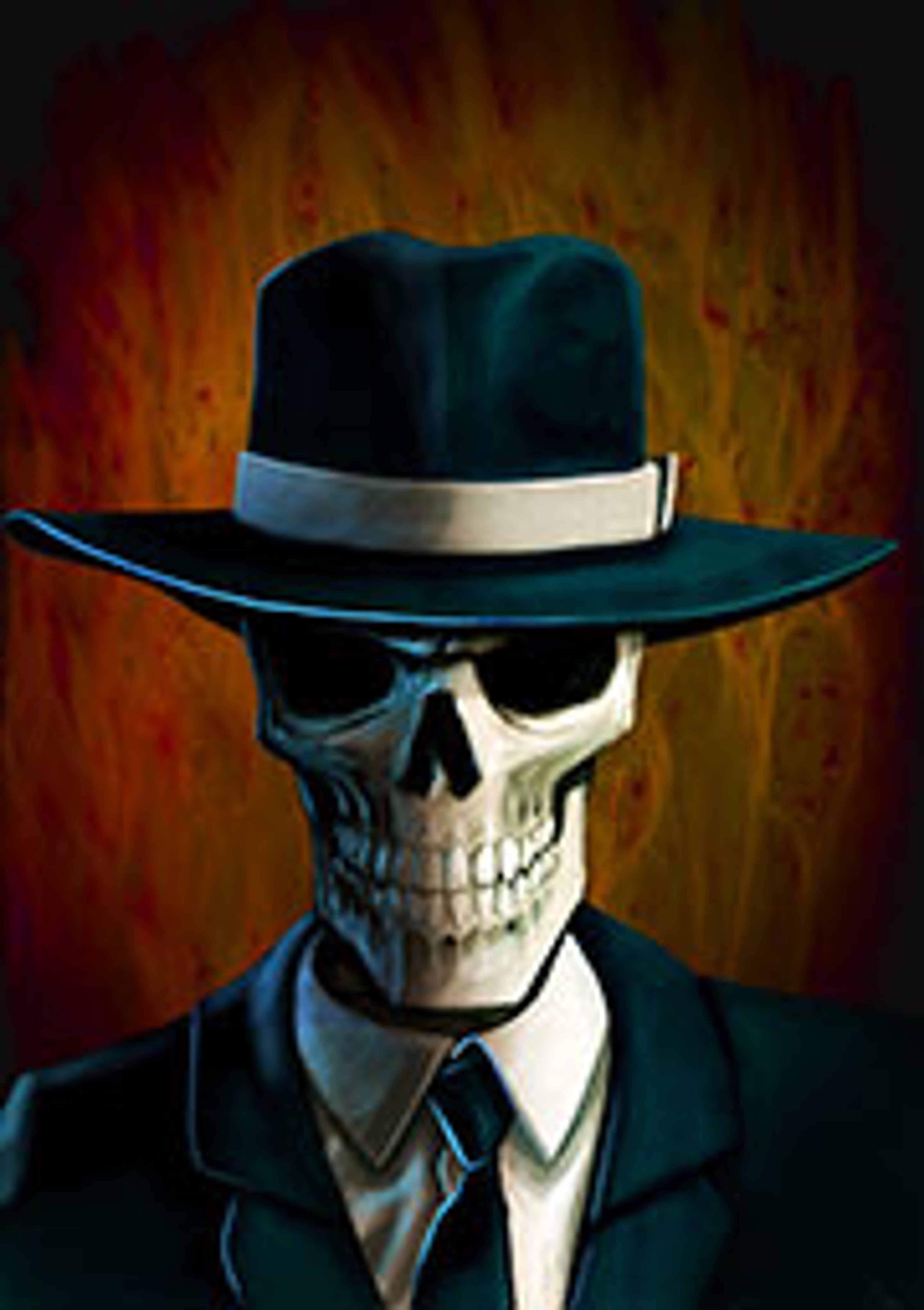 A skeletal figure in a black suit and hat against a fiery background