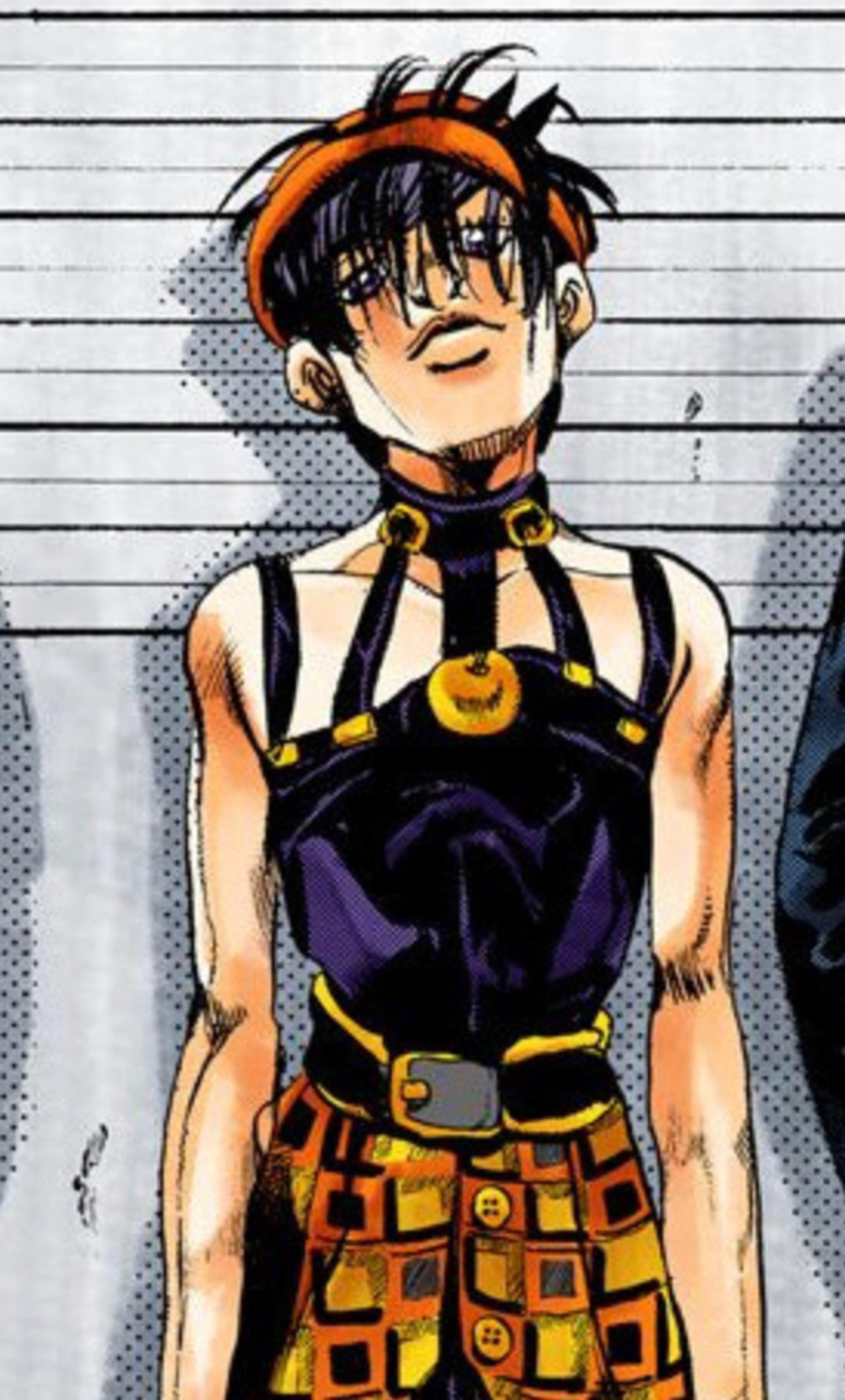 A young, energetic-looking anime character with messy dark hair and a bold, patterned outfit