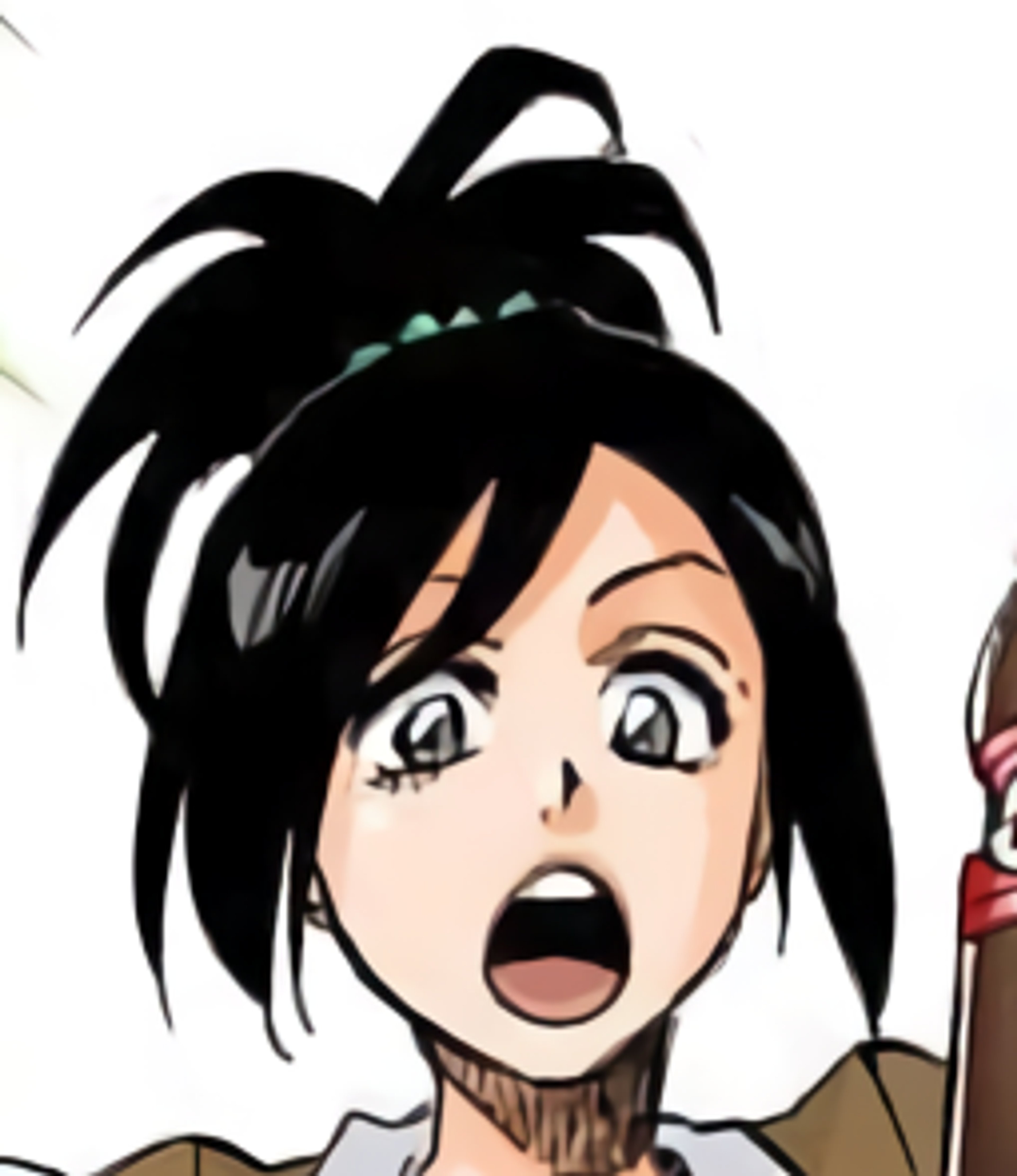 An anime-style character with dark, spiky hair and a surprised expression