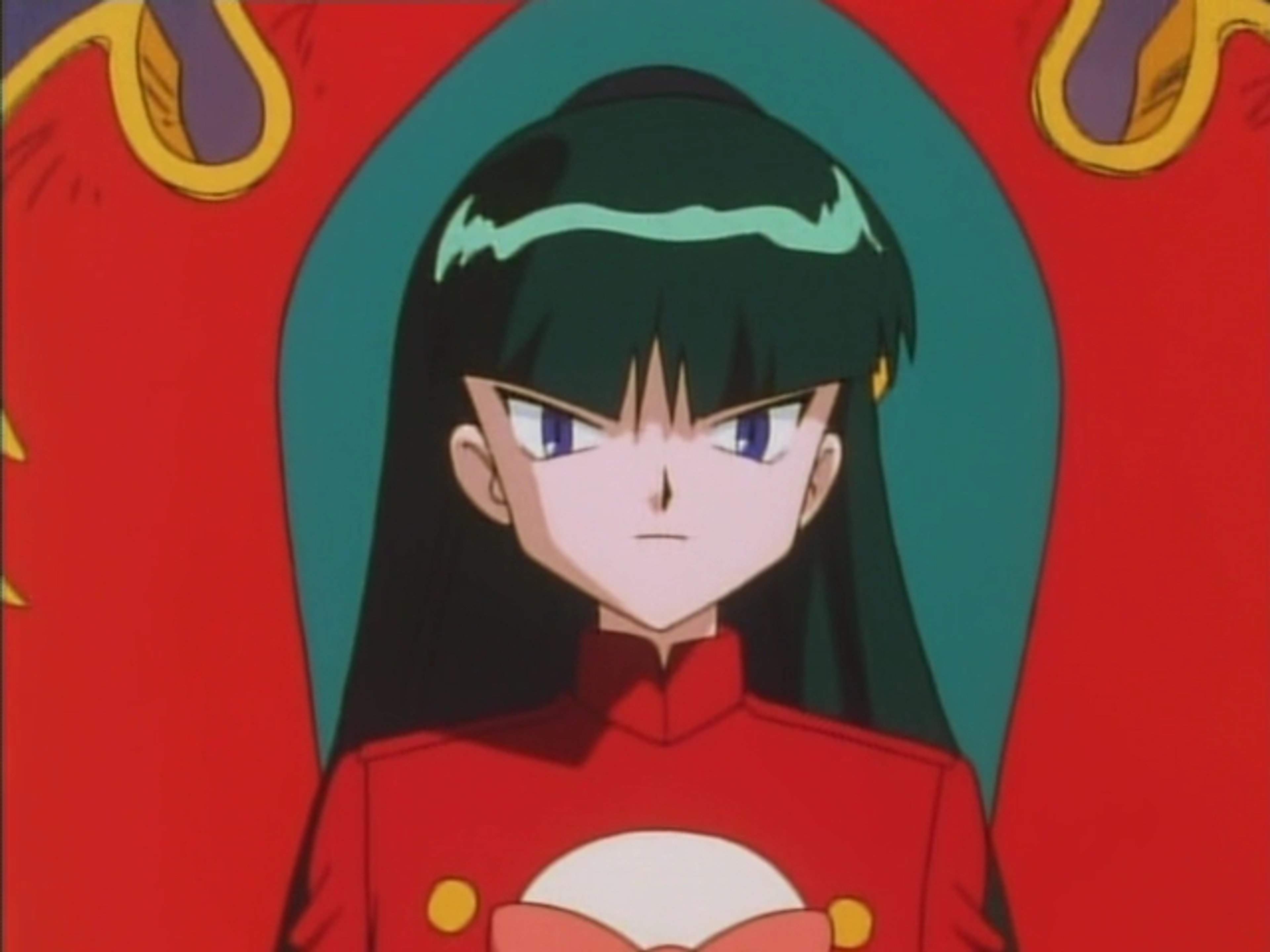 An anime-style character with long dark green hair and indigo eyes, wearing a red dress with yellow buttons and black boots.