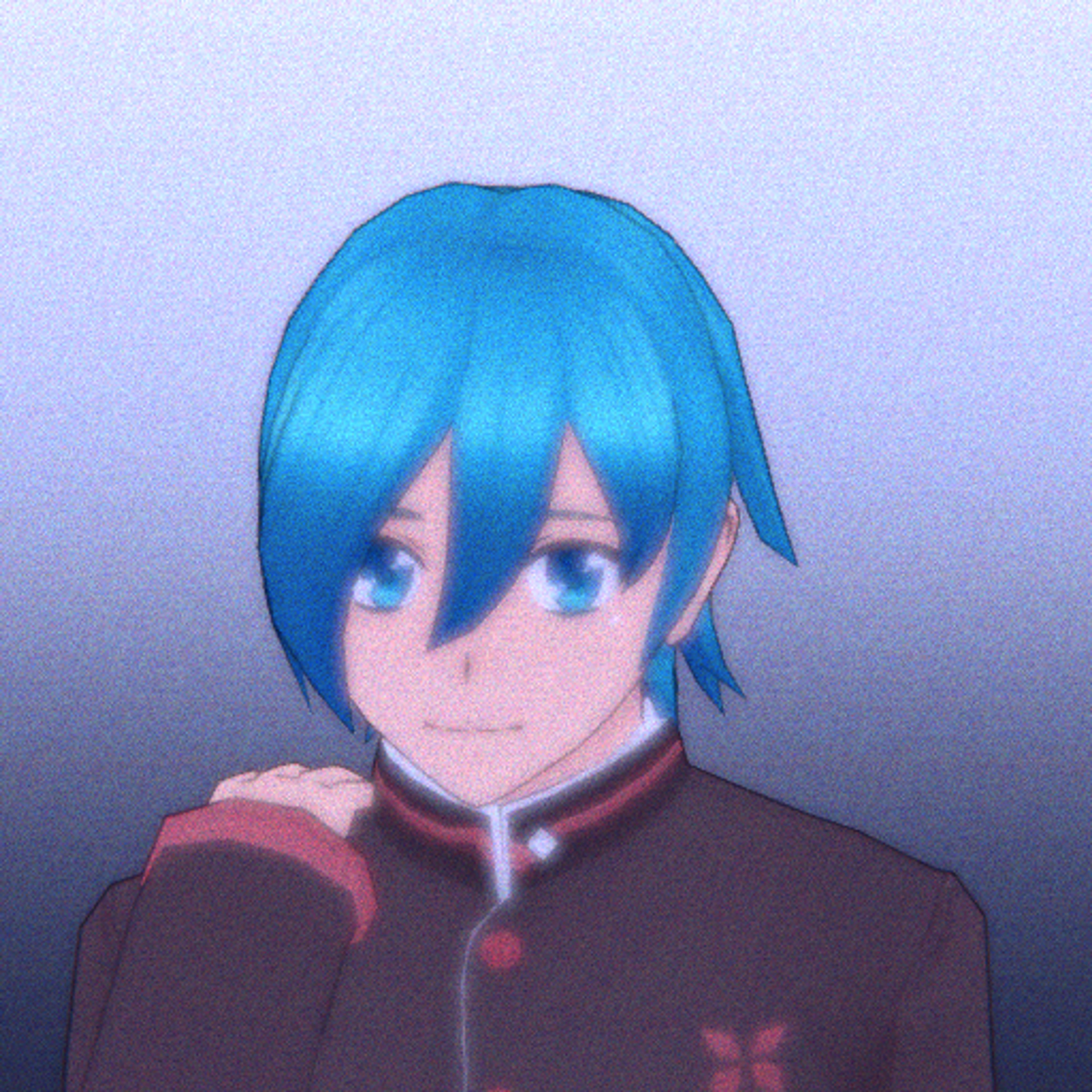 An anime-style character with cyan hair and a calm, thoughtful expression