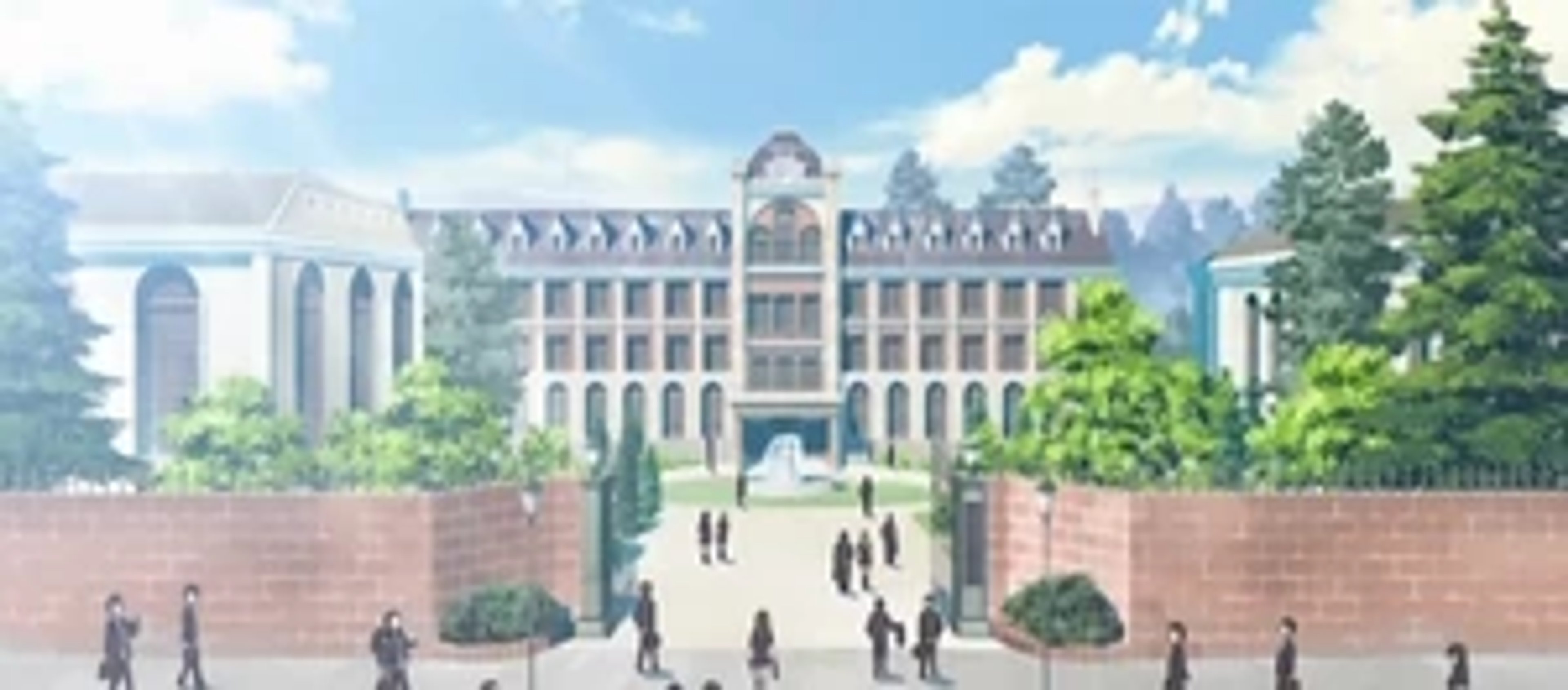 A young woman in a school uniform standing in front of an anime-style high school building