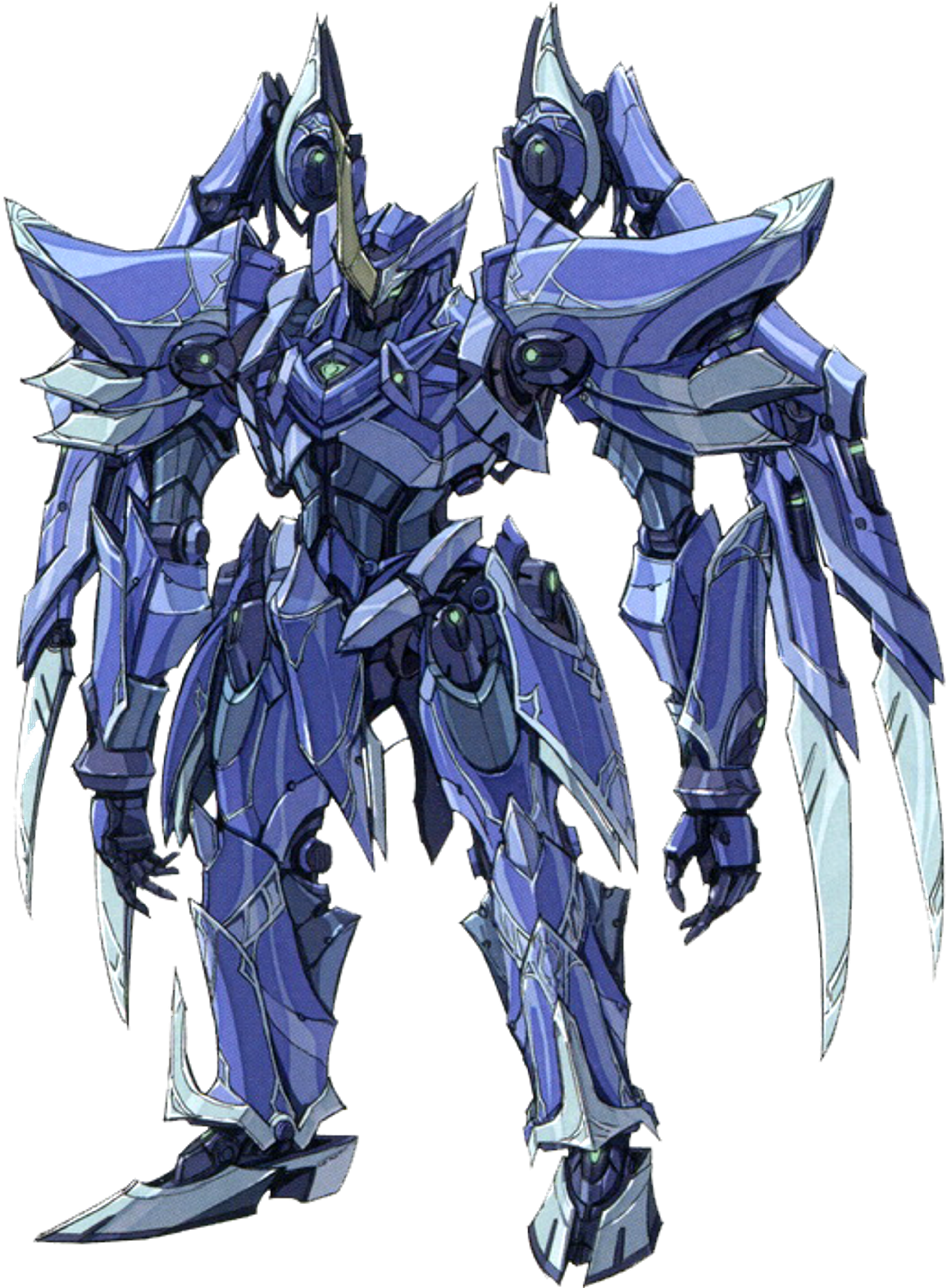 A large, azure-colored humanoid mech with a central horn, angular plates, and wing-like appendages, wielding a double-bladed saber.