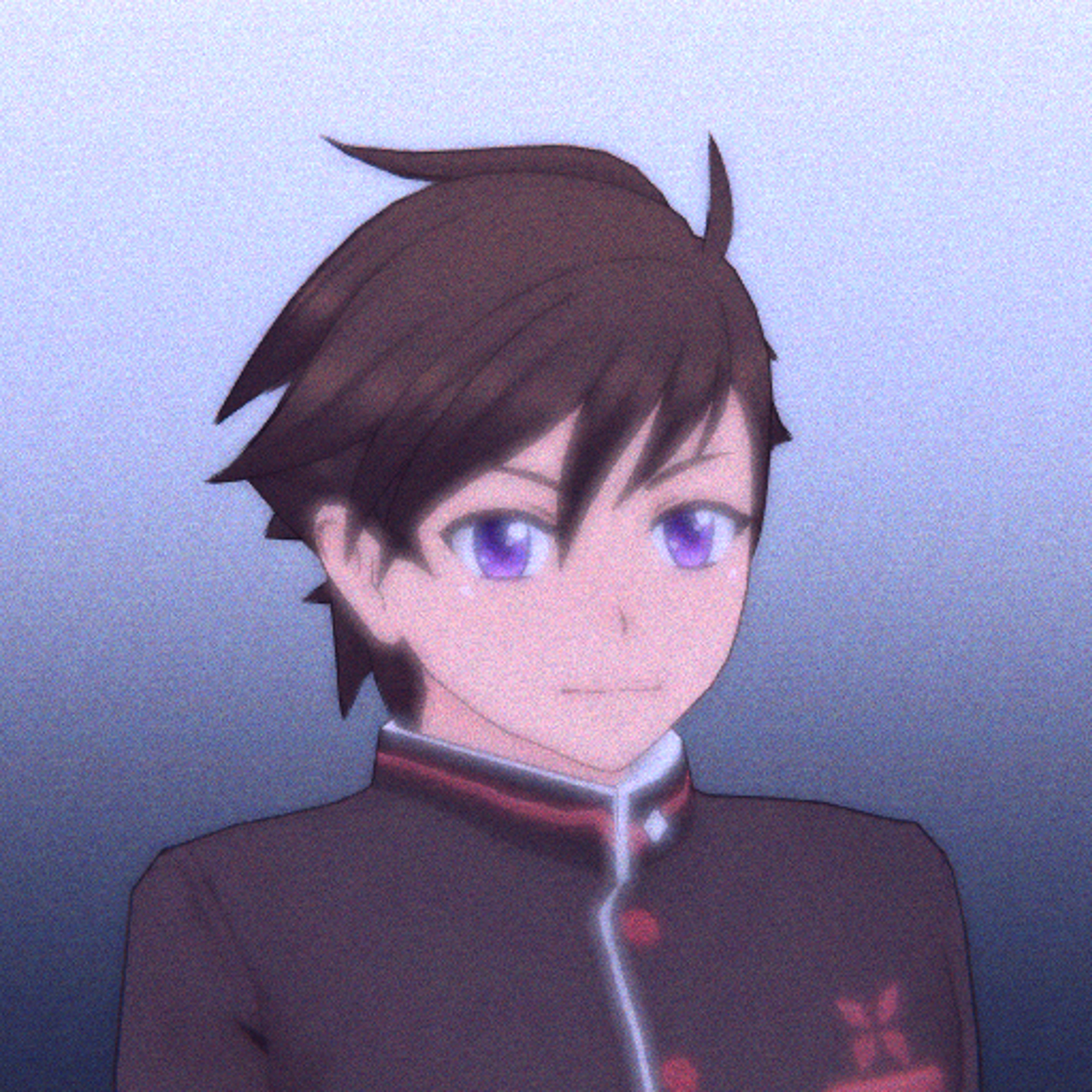 An anime-style character with short, dark brown hair and violet eyes wearing a school uniform with bandaged hands.