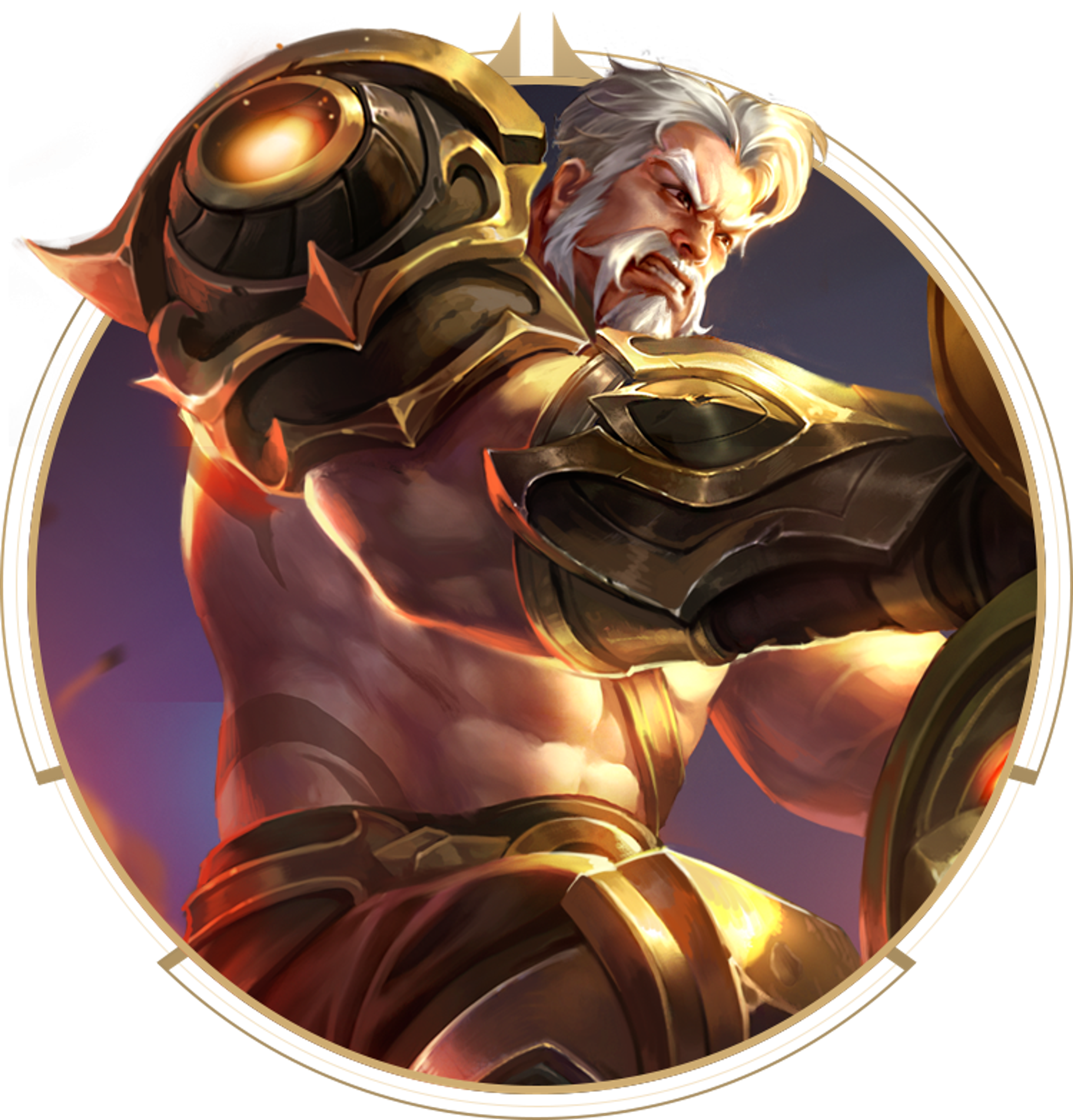 A grizzled, veteran warrior general wielding a large cannon-like weapon in a dramatic, war-torn setting.