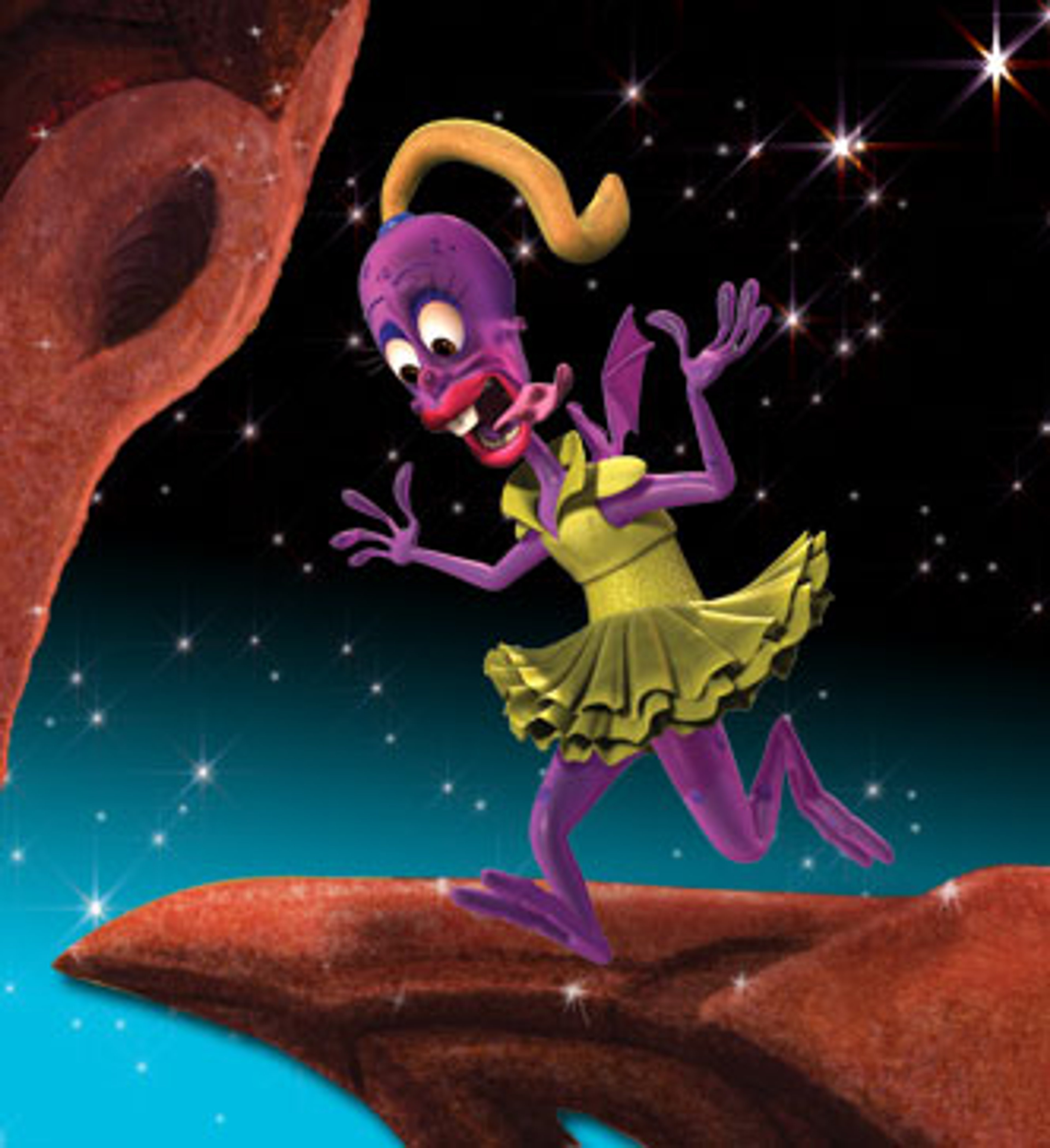 A two-faced alien princess with a long tongue in an alien landscape