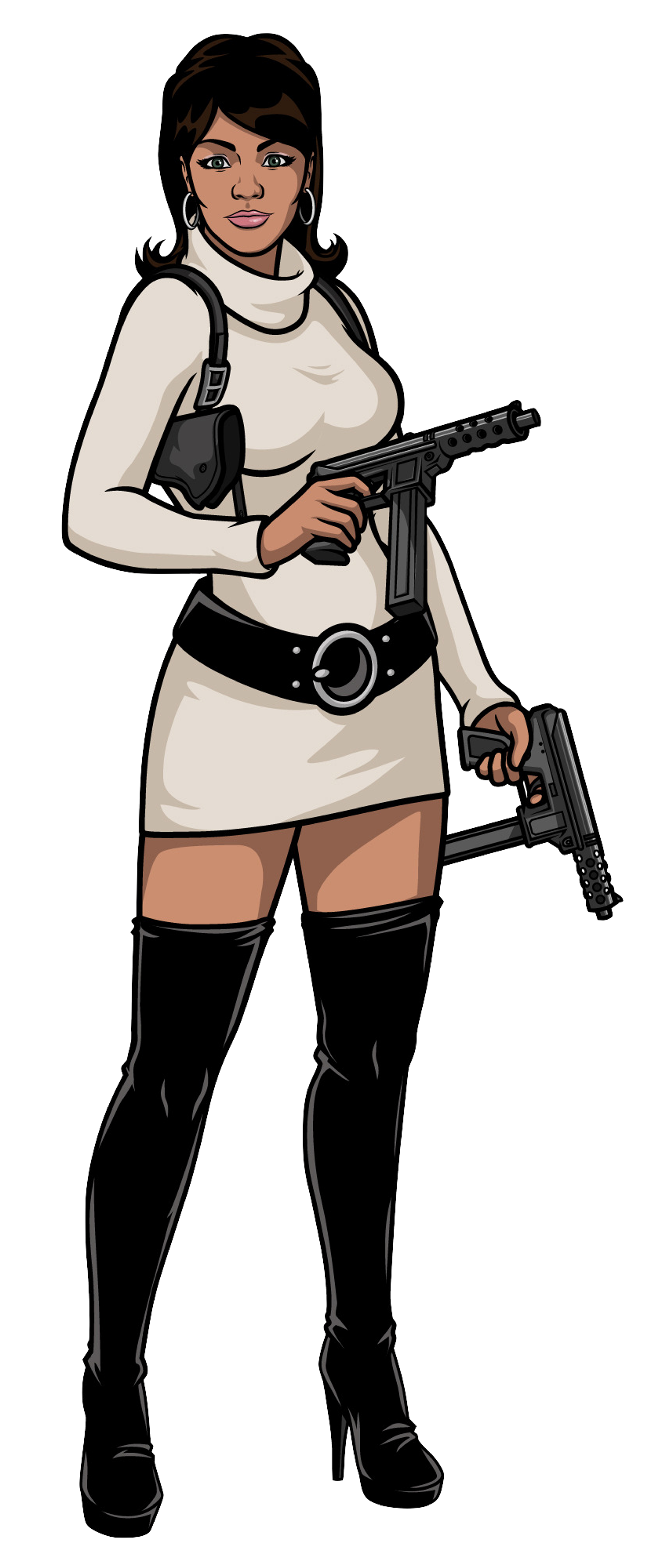 A woman with dark hair and green eyes holding a submachine gun