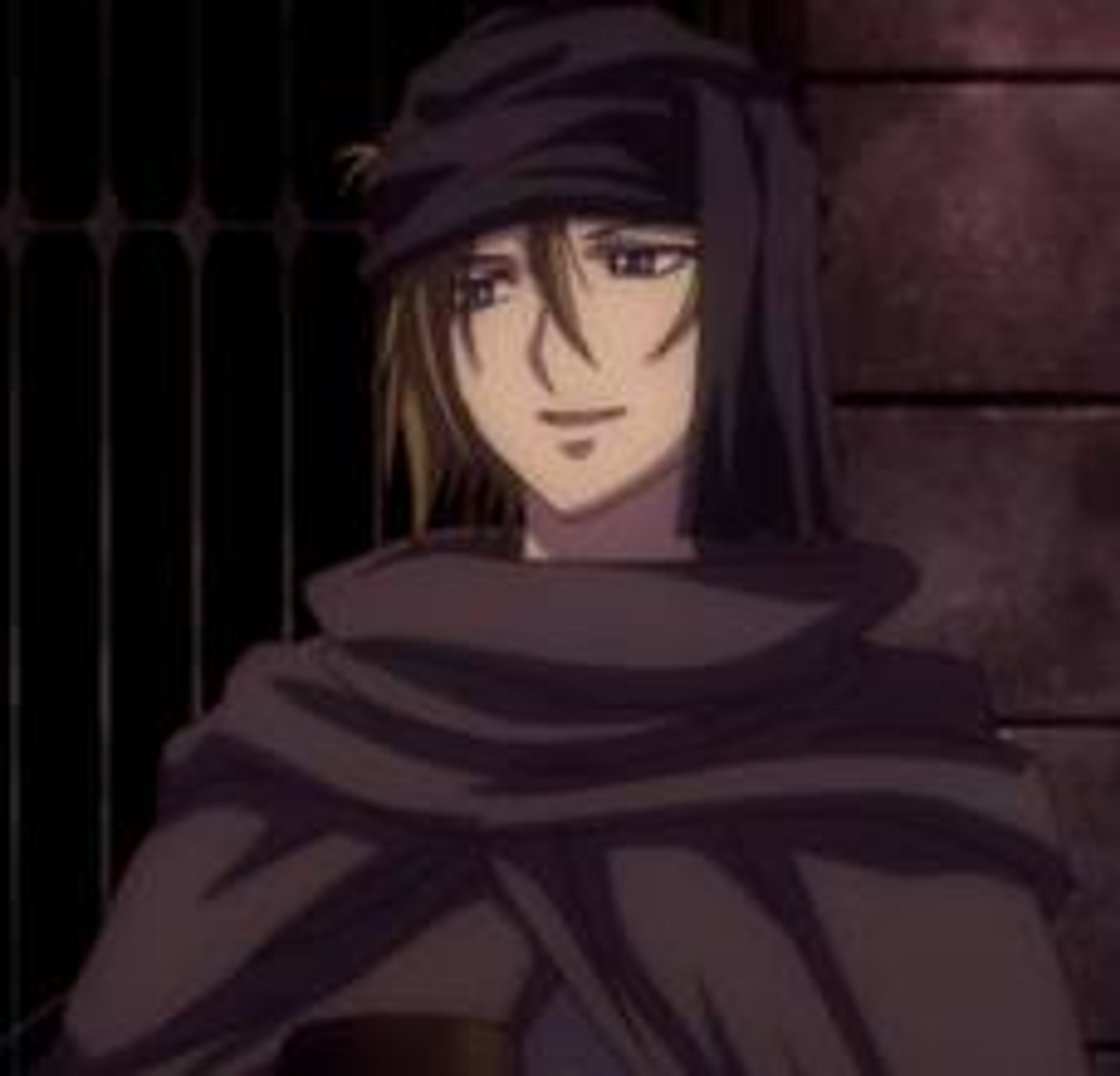 A mysterious female merchant character with long dark hair and a guarded expression, wearing a dark cloak and turban.