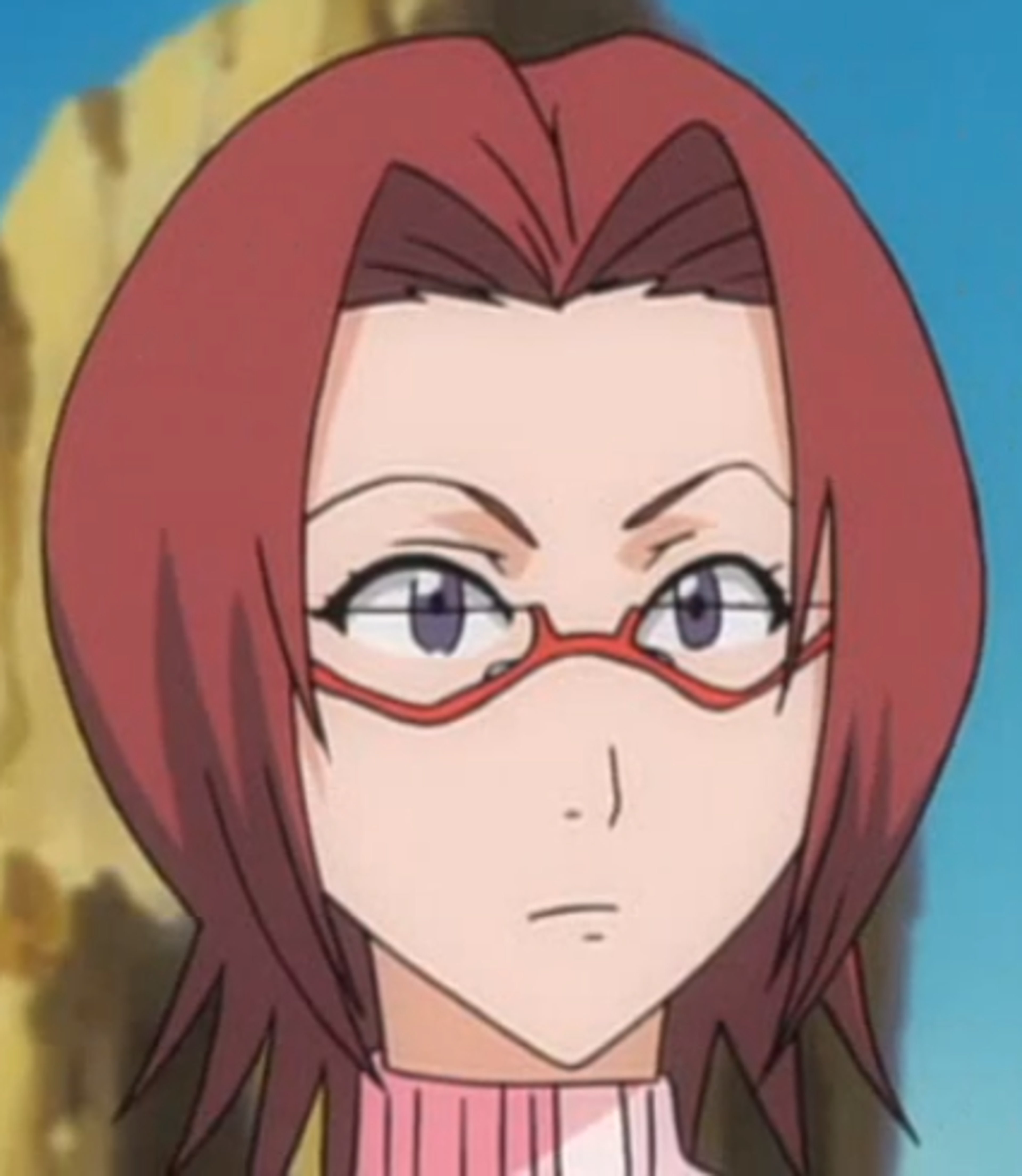 An anime-style character with short red hair, purple eyes, and red-framed glasses, wearing a school uniform.
