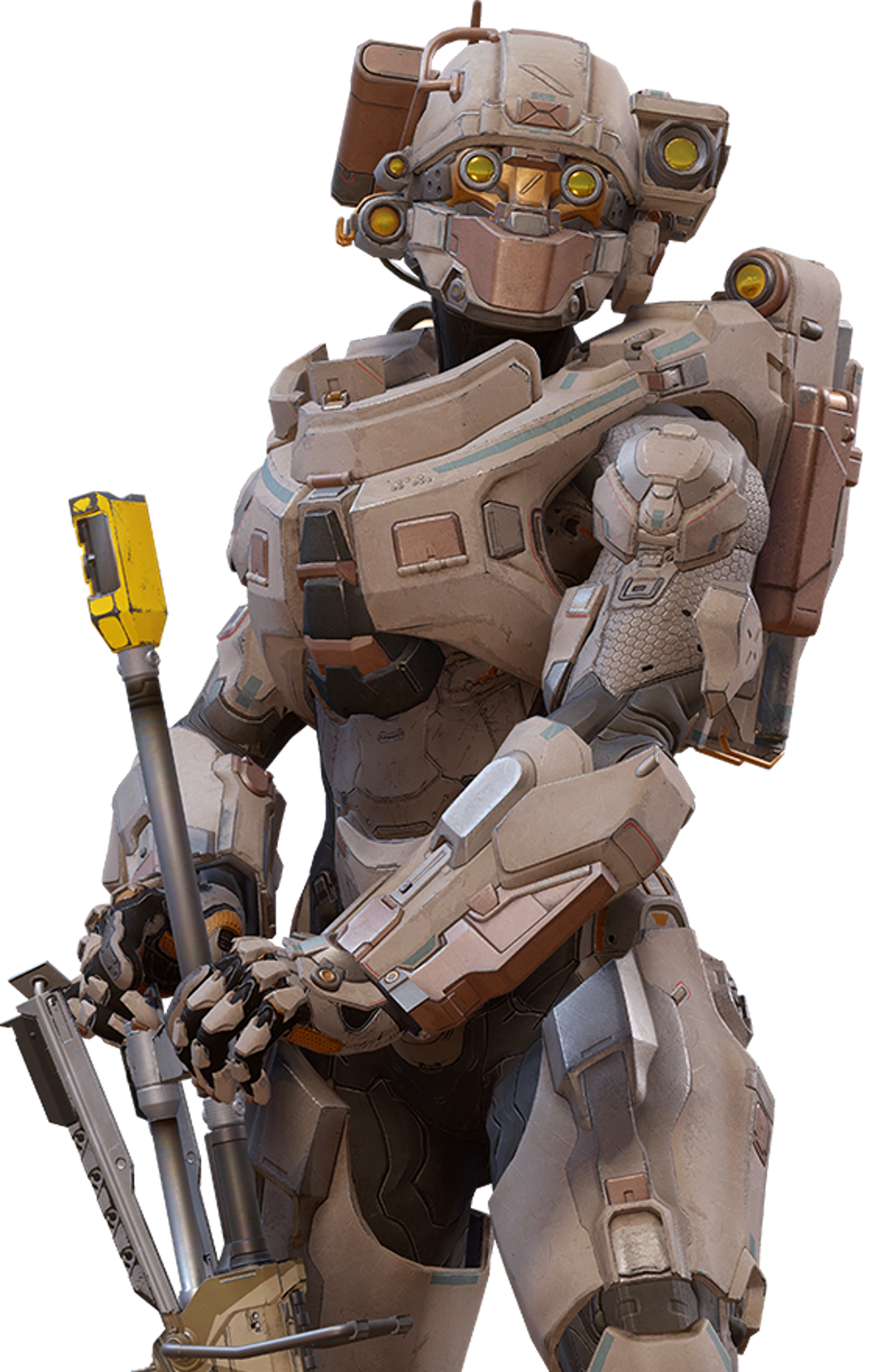 A heavily armed and armored supersoldier character in a combat-ready pose