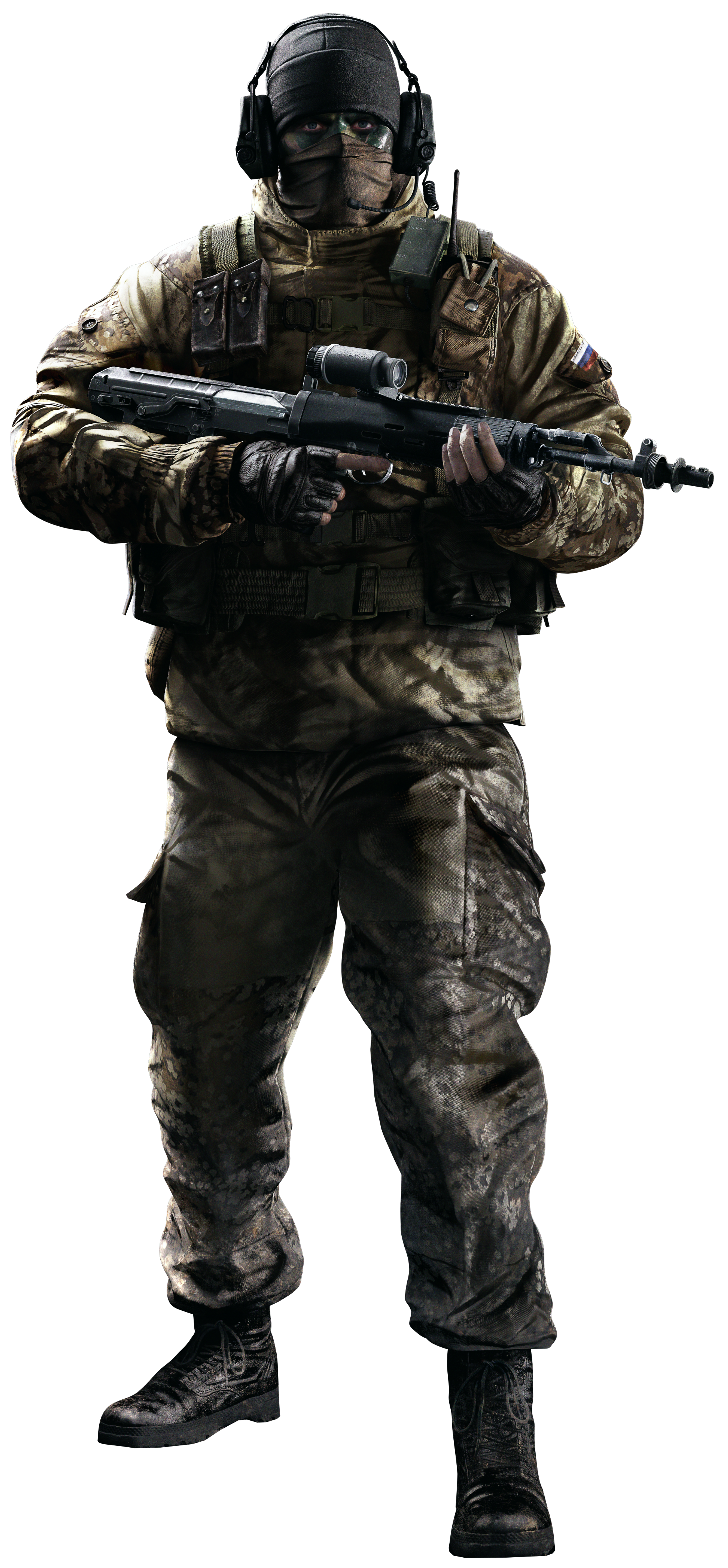 A heavily armed and armored military operator in a tactical uniform, holding a rifle.