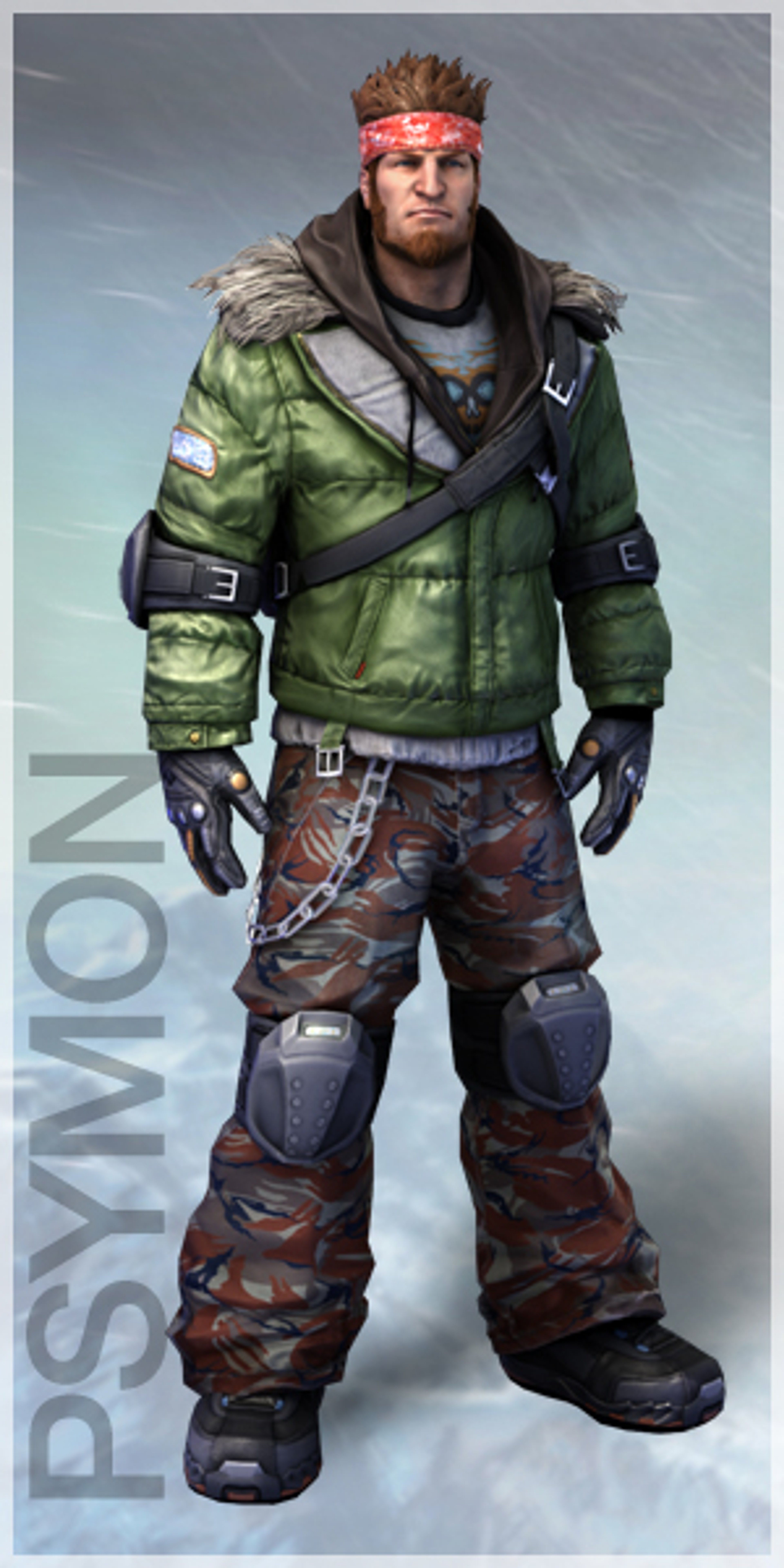 A heavily tattooed, mohawked man in a green parka and camouflage pants, posing as a professional snowboarder