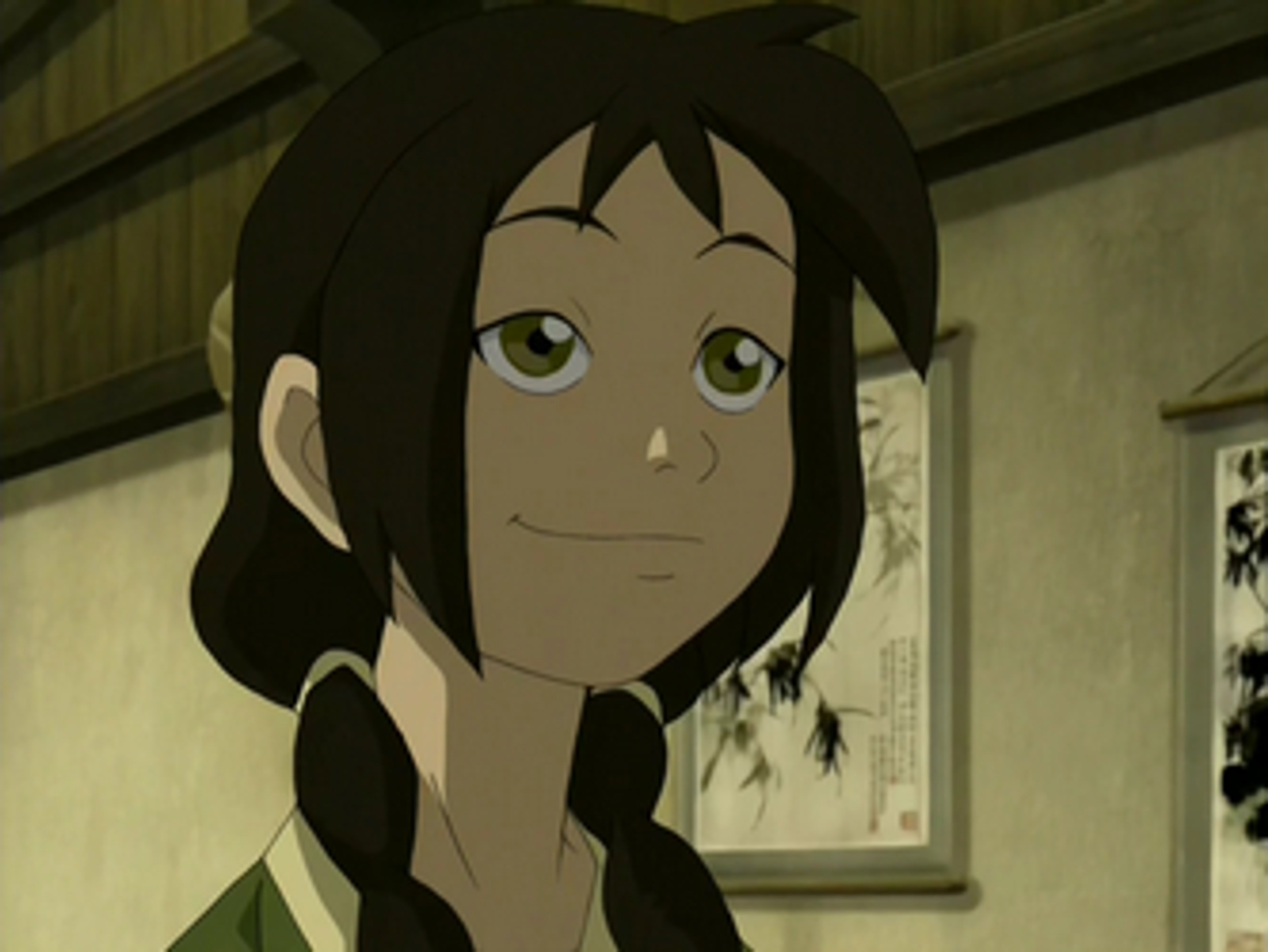 An anime-style character with long dark hair in braids and a green outfit