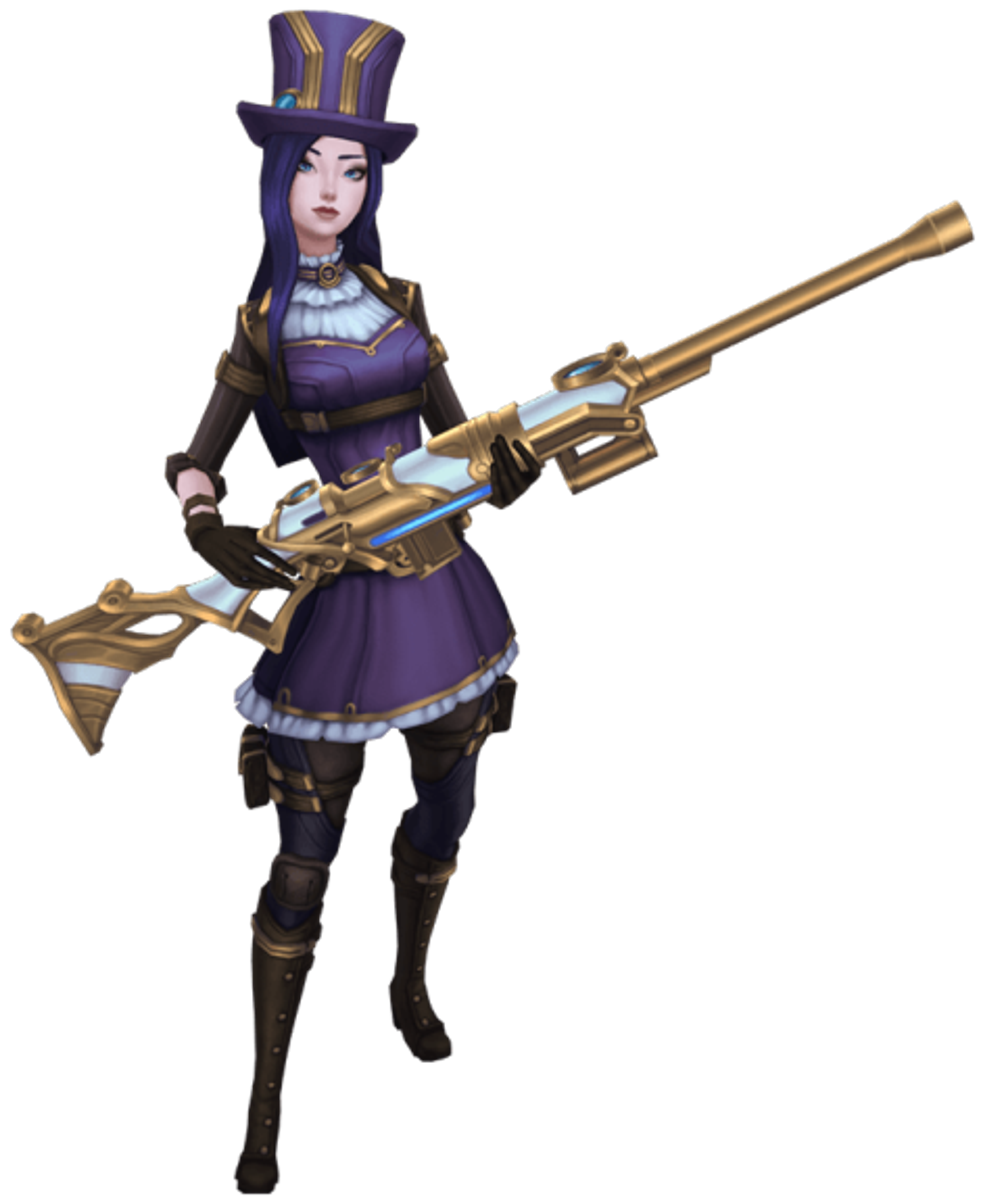 A female character in a purple and gold outfit holding a large golden rifle or gun