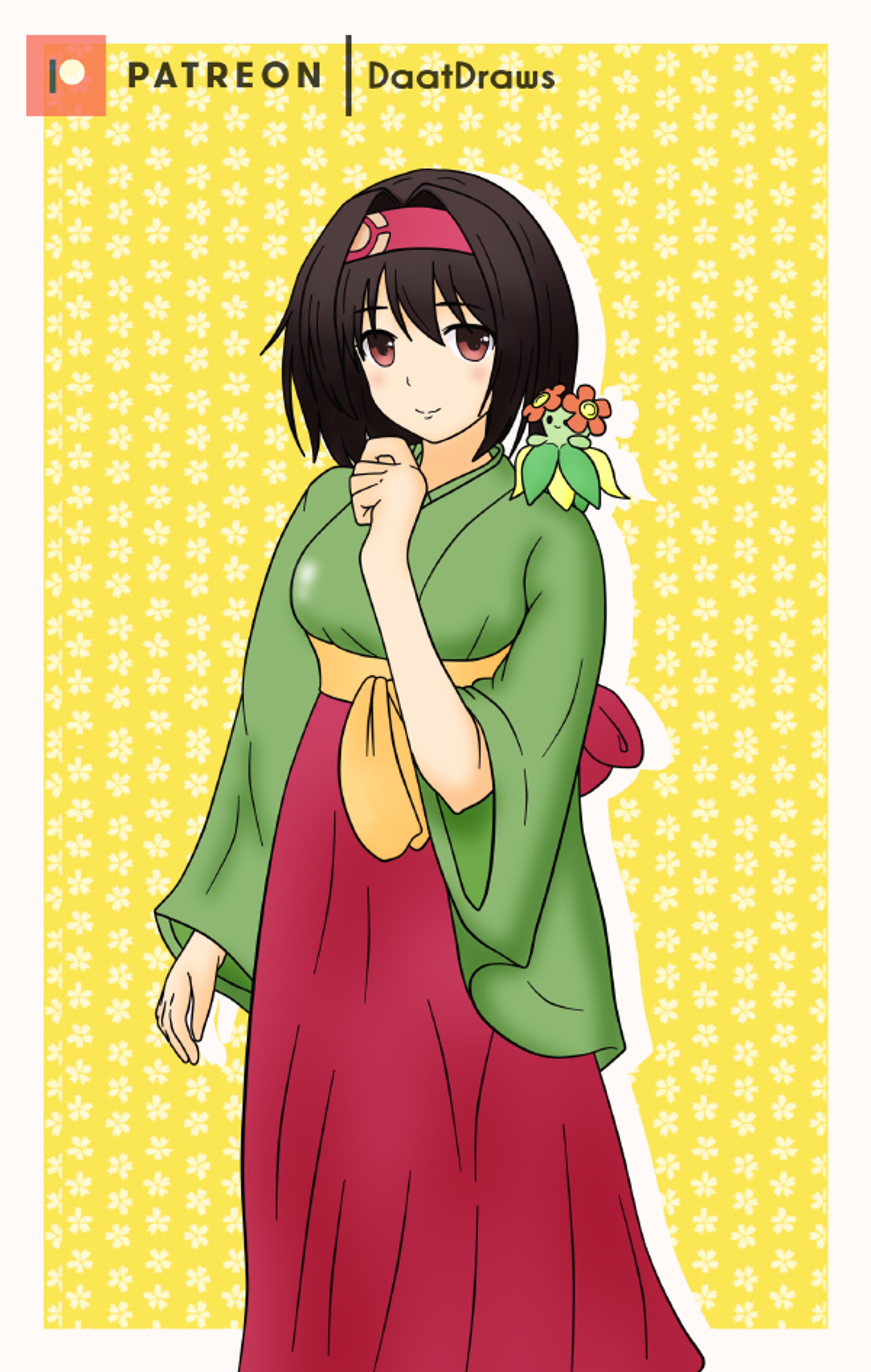 A young woman in a green kimono holding a small green Pokémon