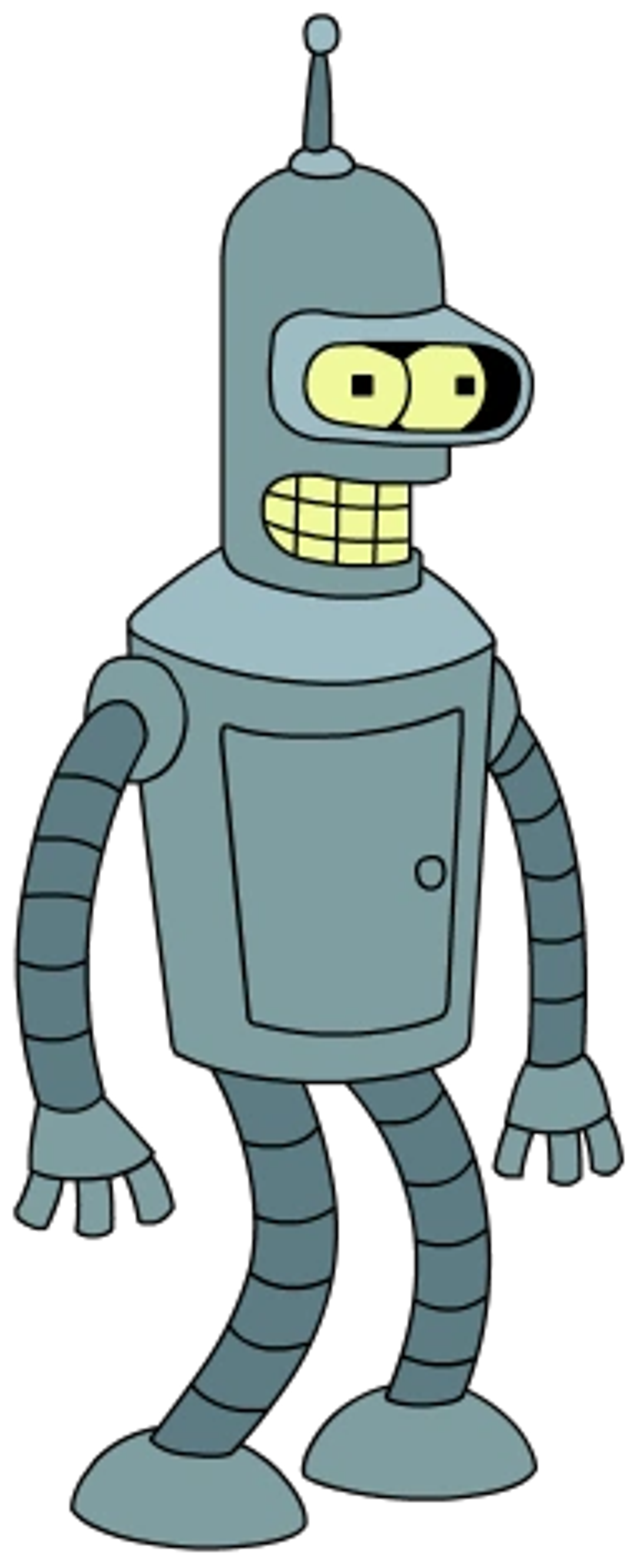 A gray robot character with a rectangular head, large yellow eyes, and a wide grinning mouth.