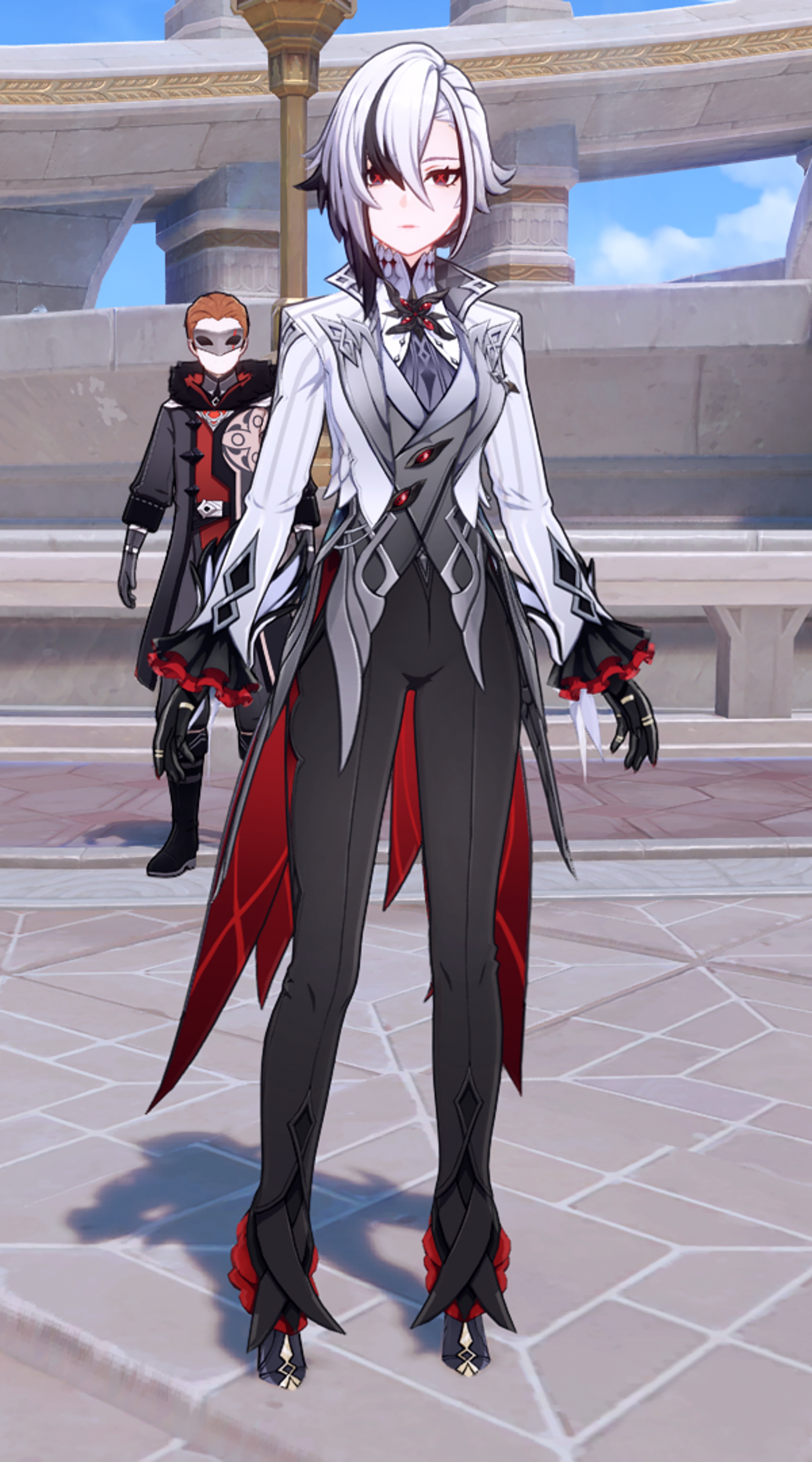 An anime-style character with long white hair and a dark gray outfit with red accents, standing in a grand, ornate setting.