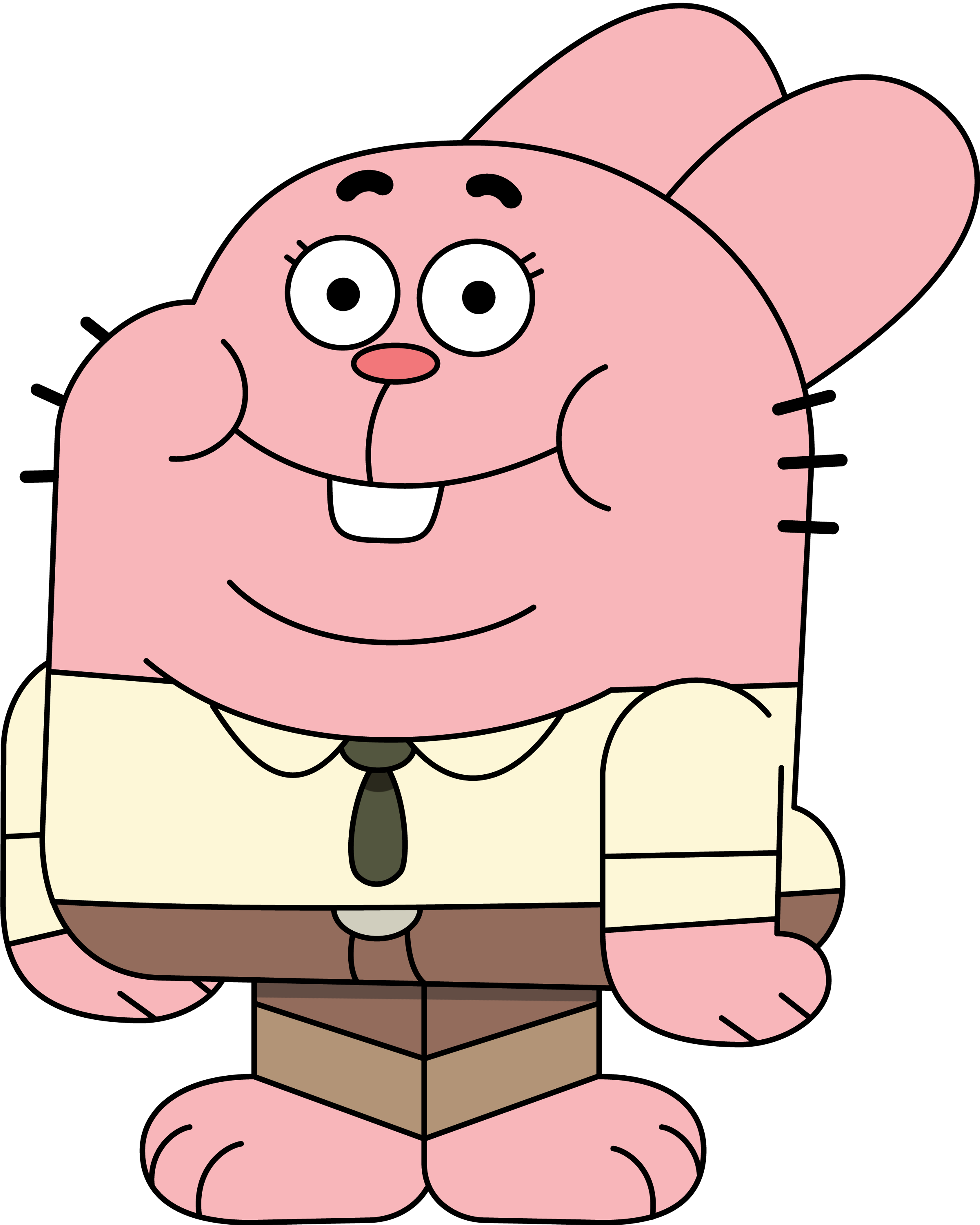 A cartoon character with a pink, chubby body and a wide grin, wearing a white shirt and brown pants.