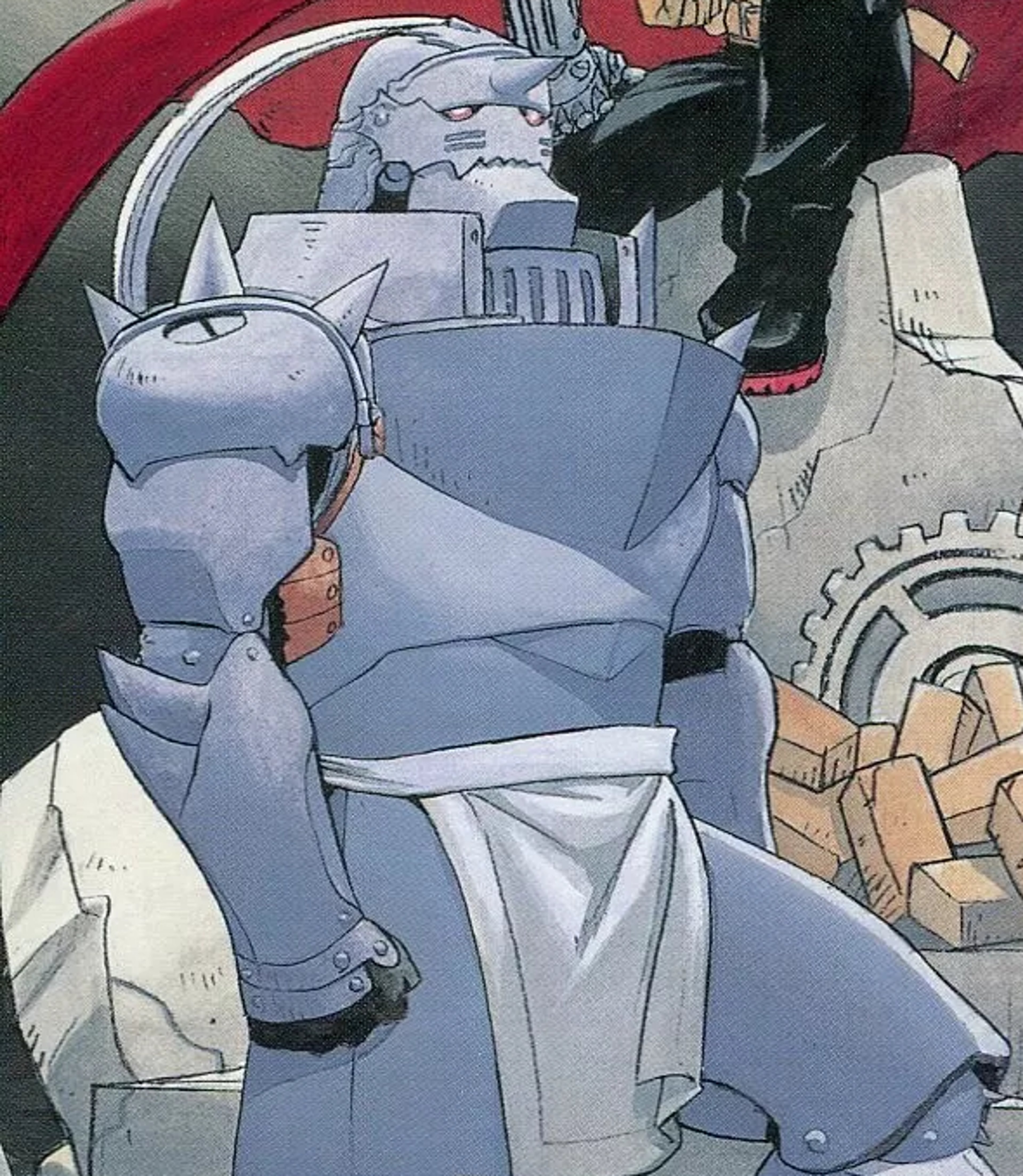 A detailed suit of medieval armor with a ribbon of white hair, resembling the character Alphonse Elric from Fullmetal Alchemist.