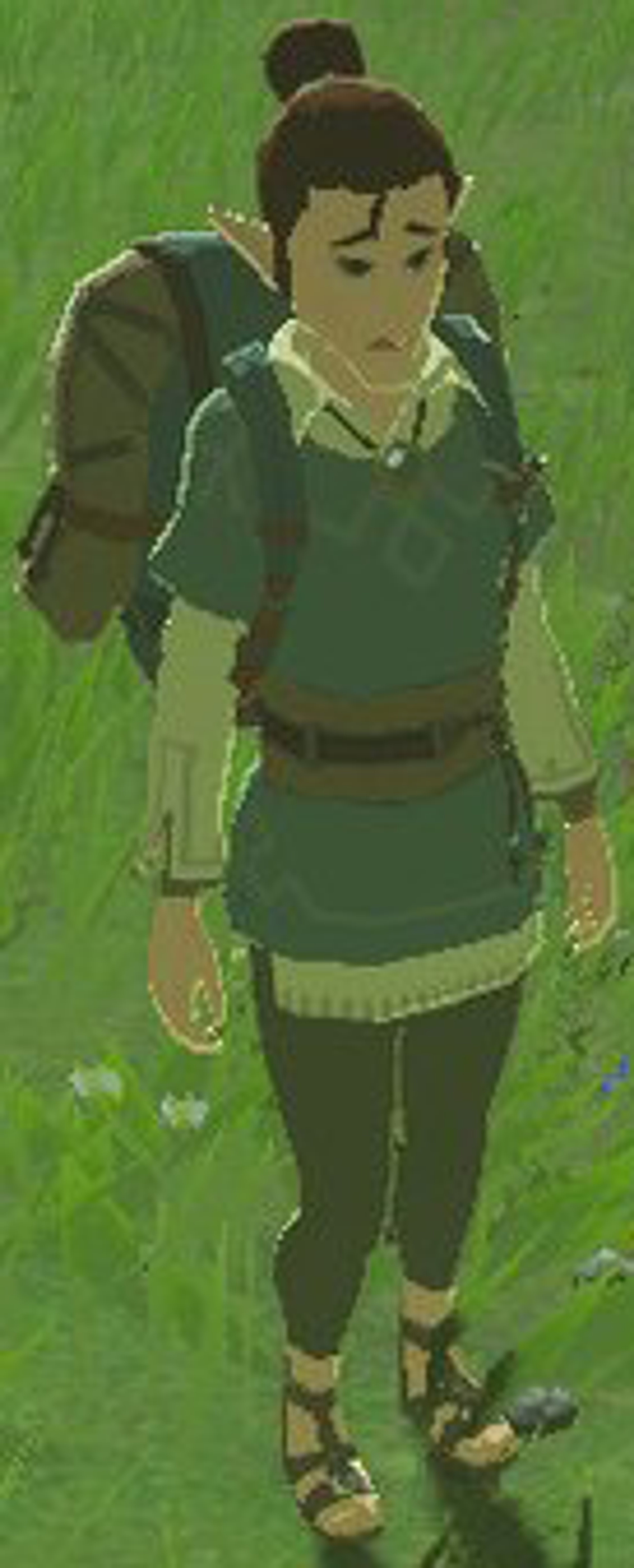 A young Hylian woman with a friendly, earthy charm standing in a natural outdoor setting.