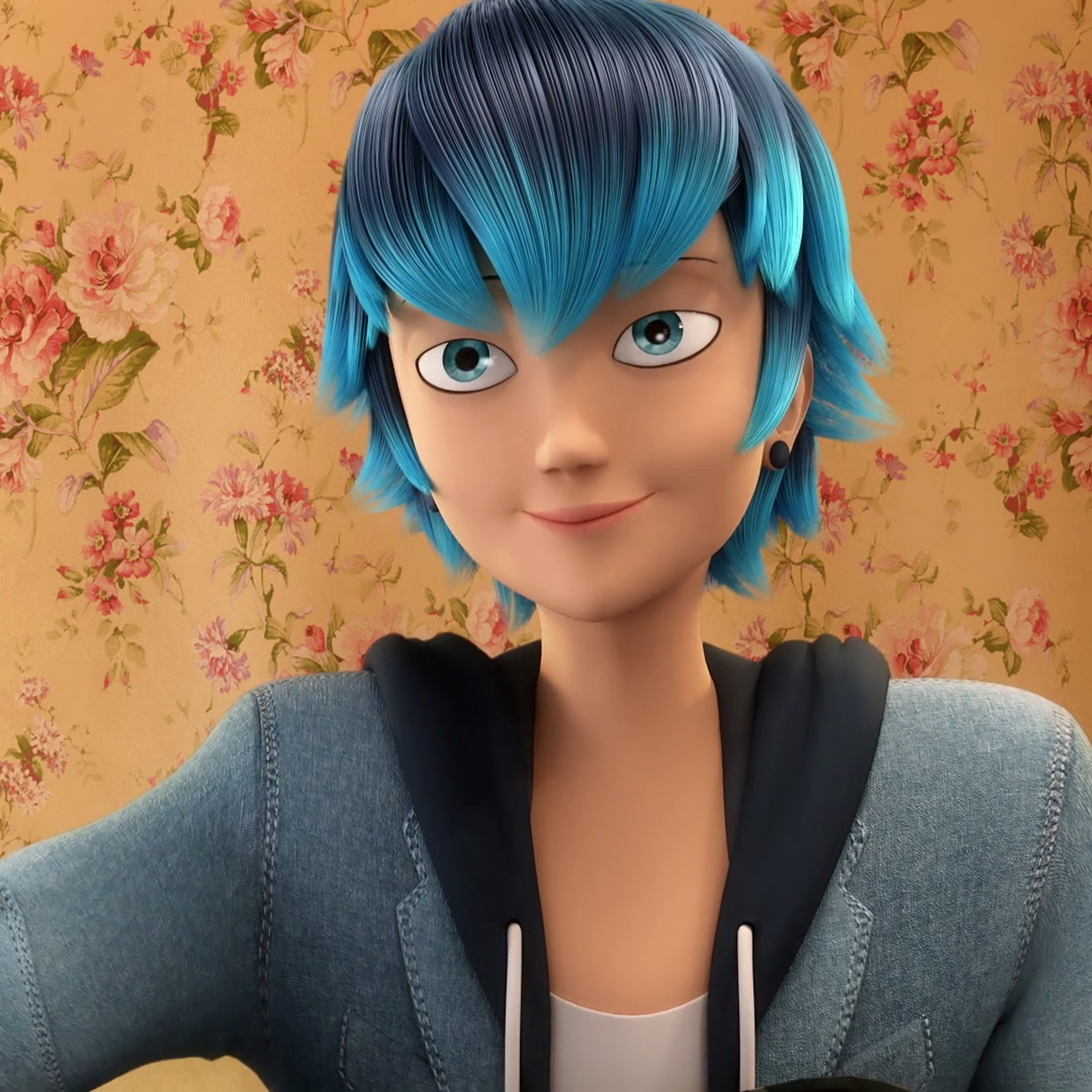 A teenage boy with blue hair and a calm expression, wearing a black jacket.