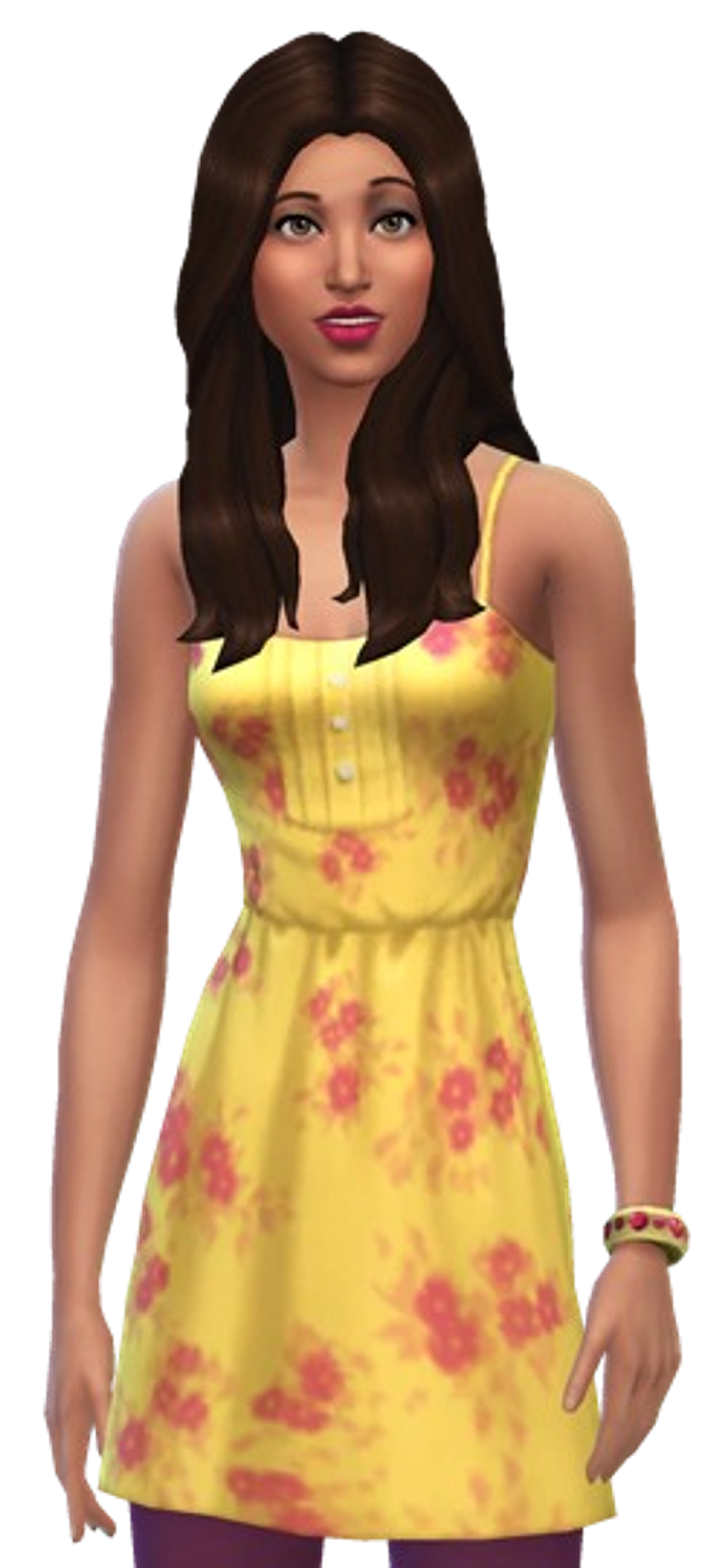 A young woman with long brown hair wearing a yellow floral dress