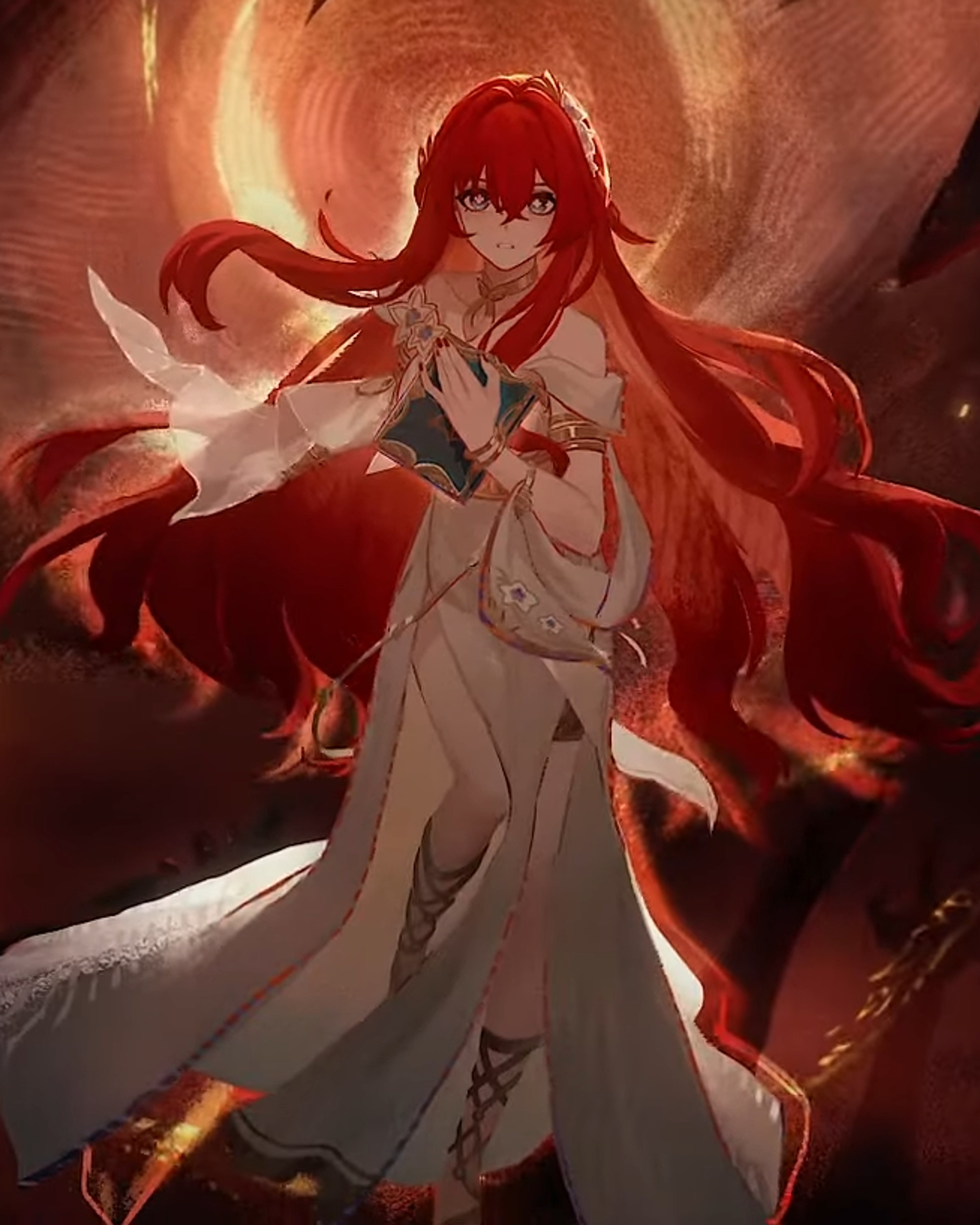 A young woman with red hair wearing a white dress stands in a fiery, otherworldly landscape.