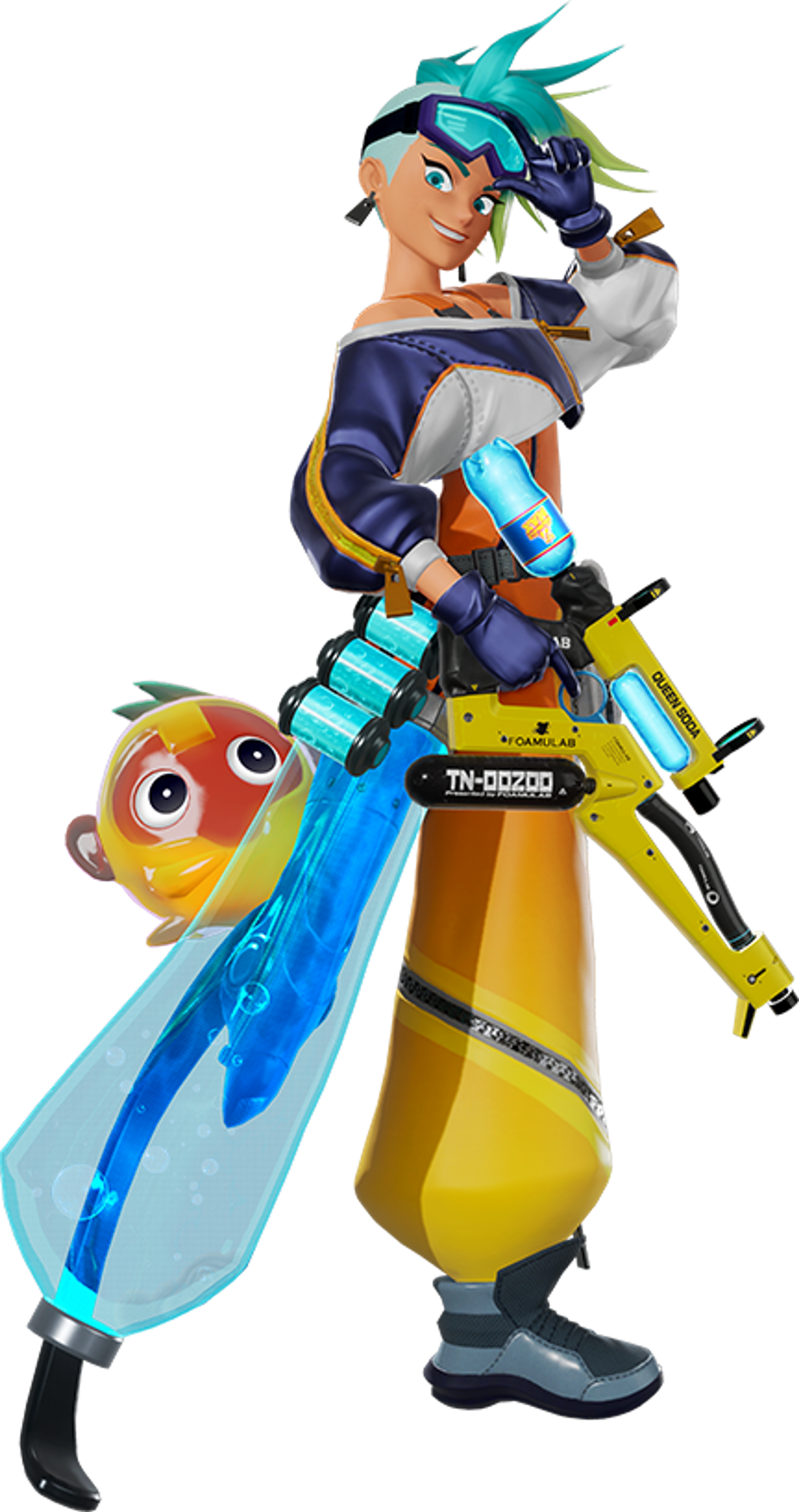 A young woman with a mohawk hairstyle and a prosthetic leg, holding various foam-based weapons and gadgets, accompanied by an orange translucent monkey-like creature.