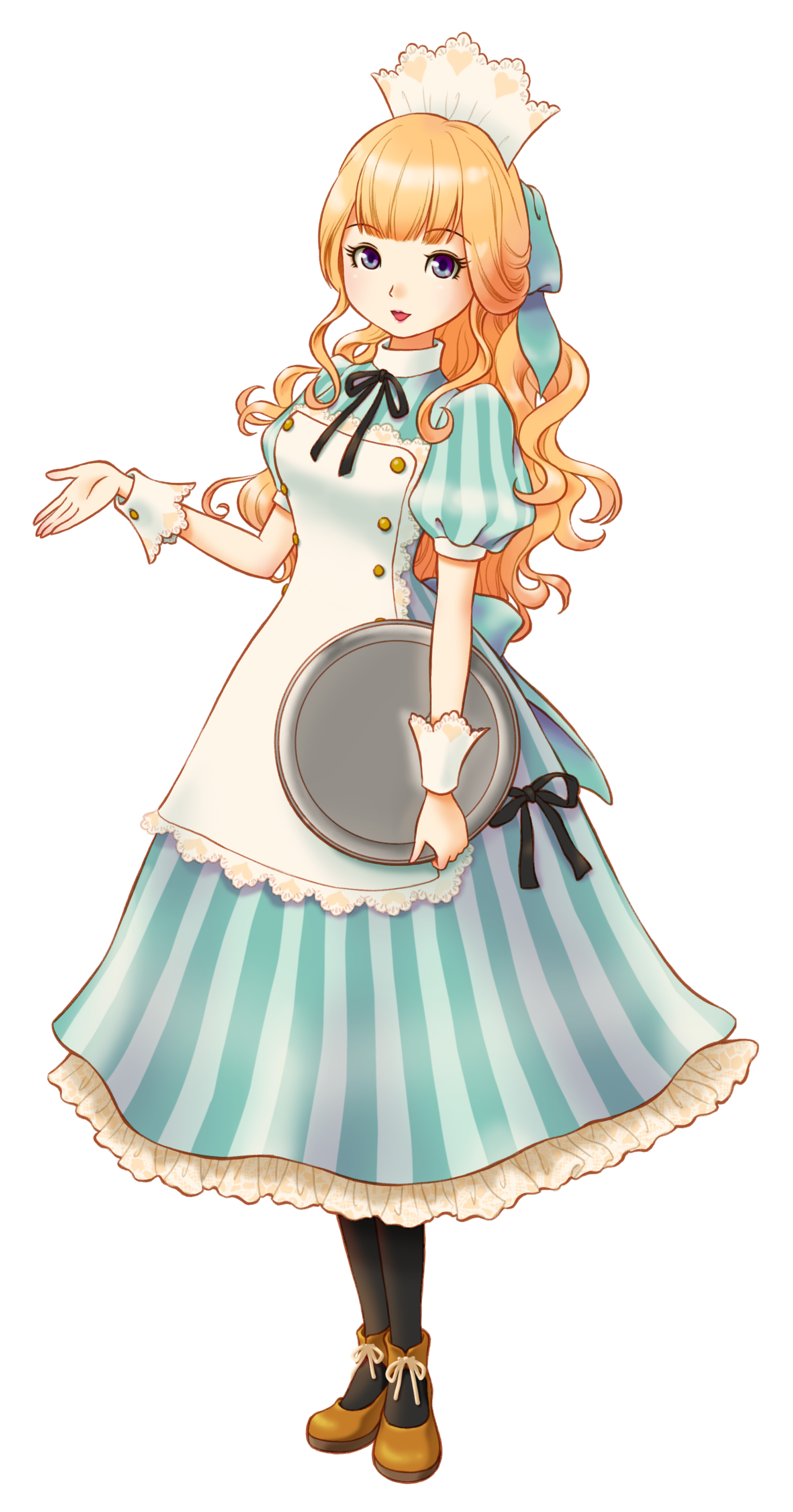 An anime-style illustration of a young, blonde female character in a maid-like outfit holding a cooking utensil.