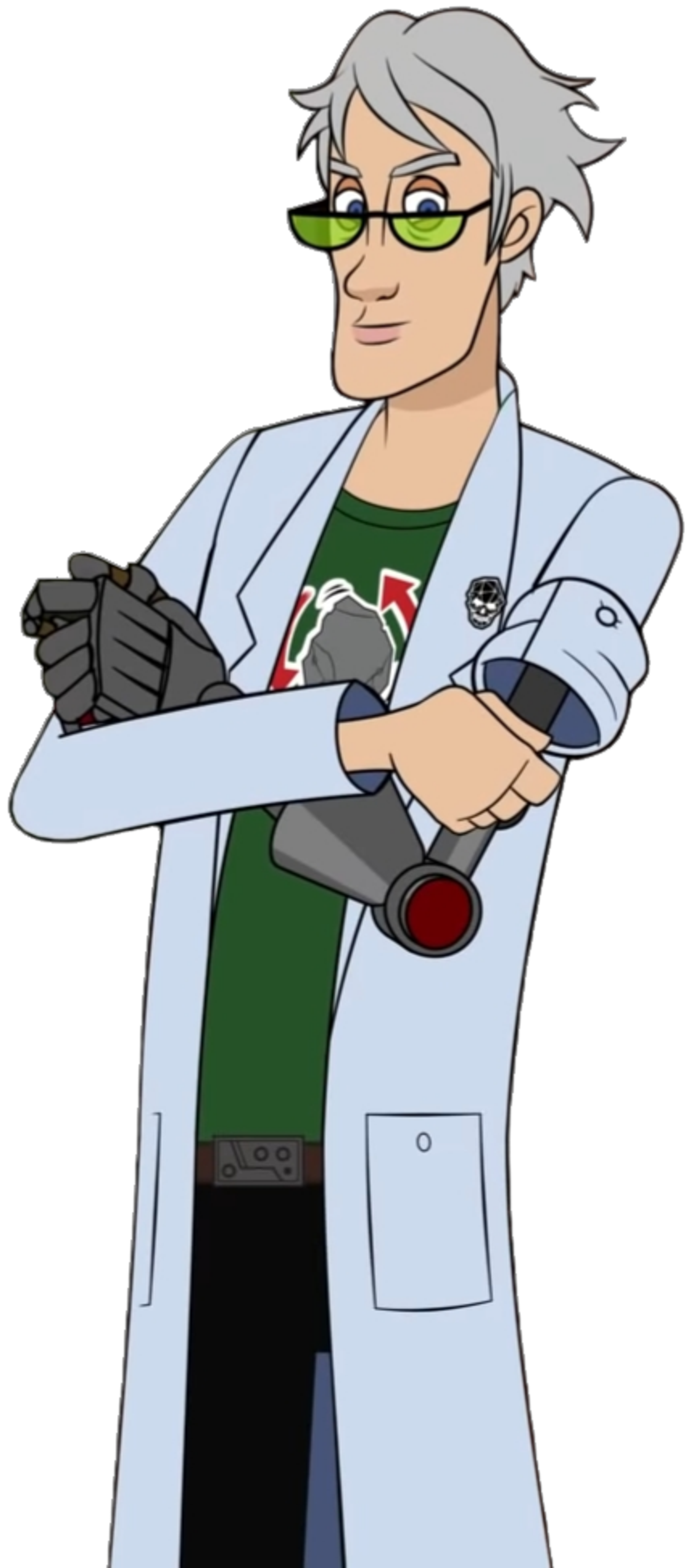 A mad scientist character with messy grey hair and a robotic left arm