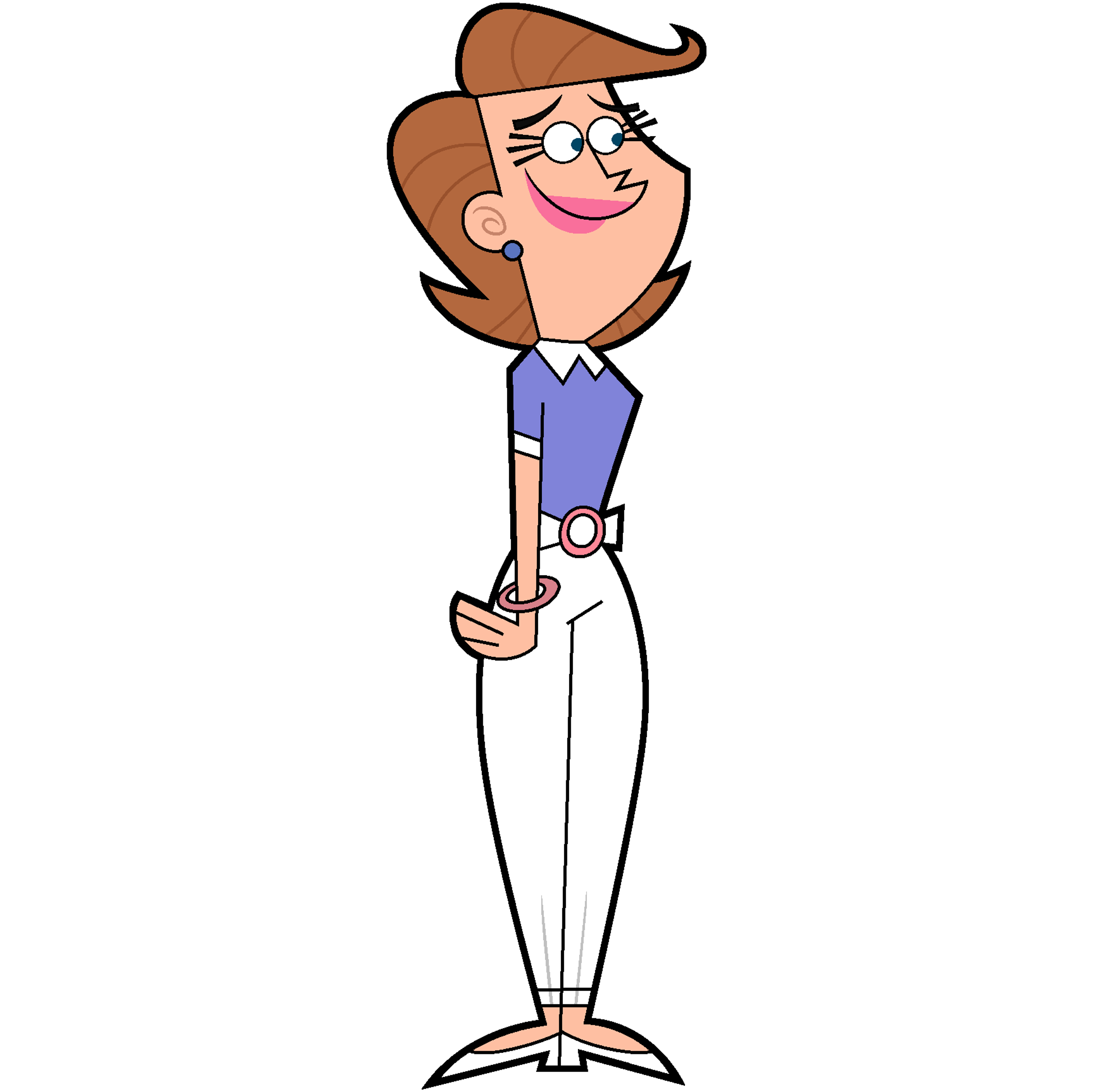 A cartoon image of a middle-aged woman with short brown hair and glasses, wearing a blue shirt and white pants.