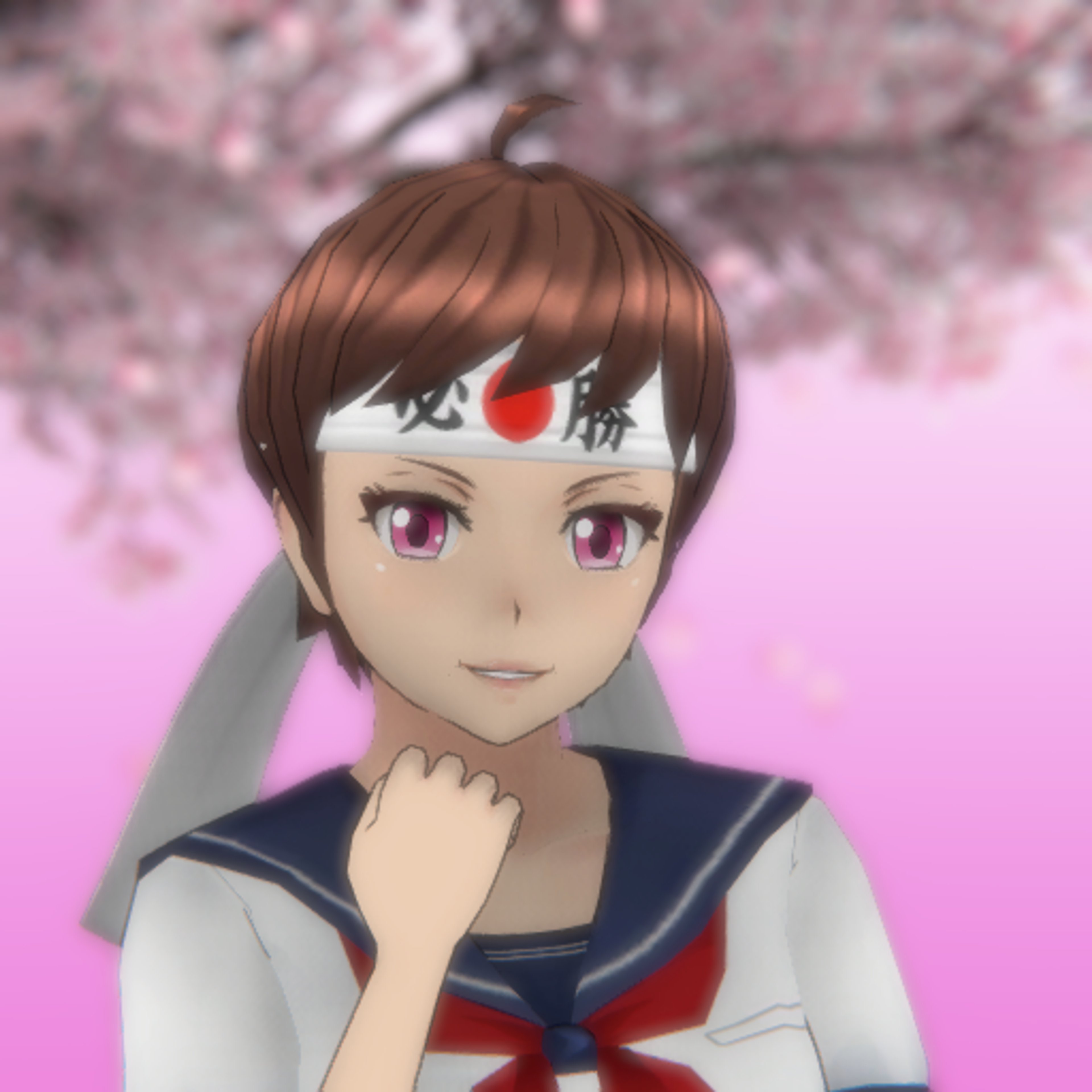 An anime-style character with short tan hair, a distinctive ahoge, and a friendly expression wearing a white headband with the kanji character for 'victory'.