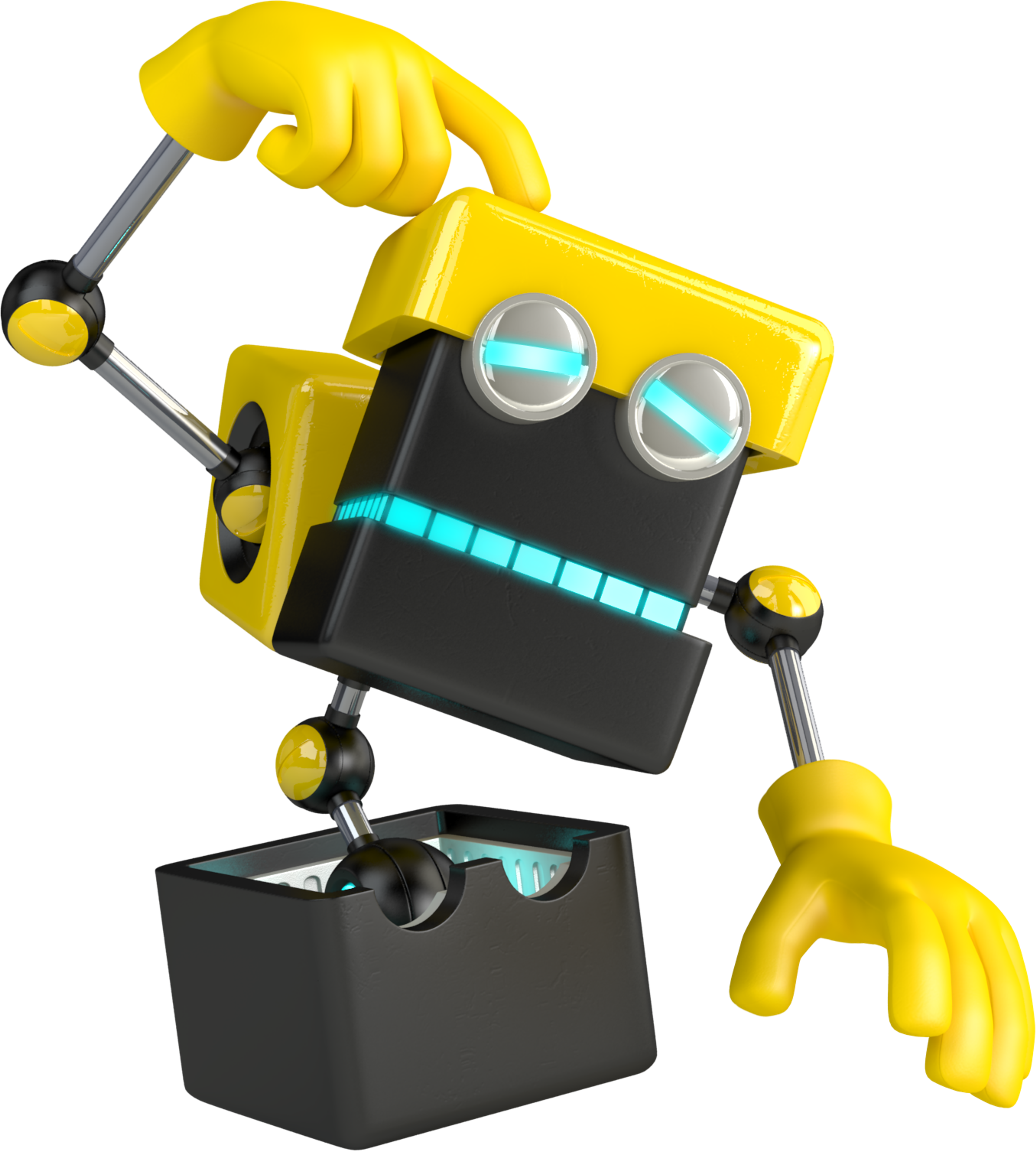 A yellow, cube-headed robot with a friendly, cartoonish appearance