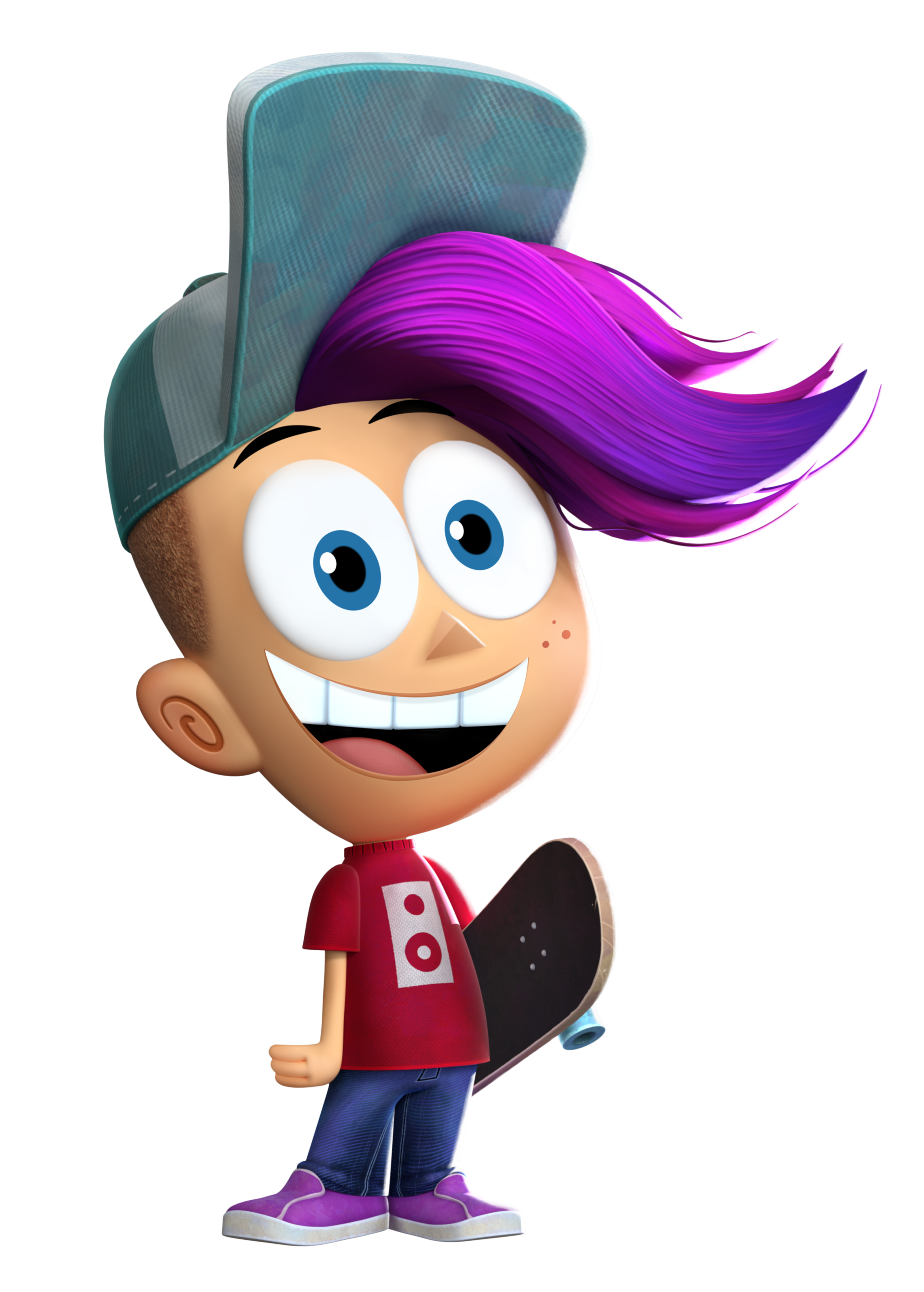 A cartoon character with colorful hair and a skateboard