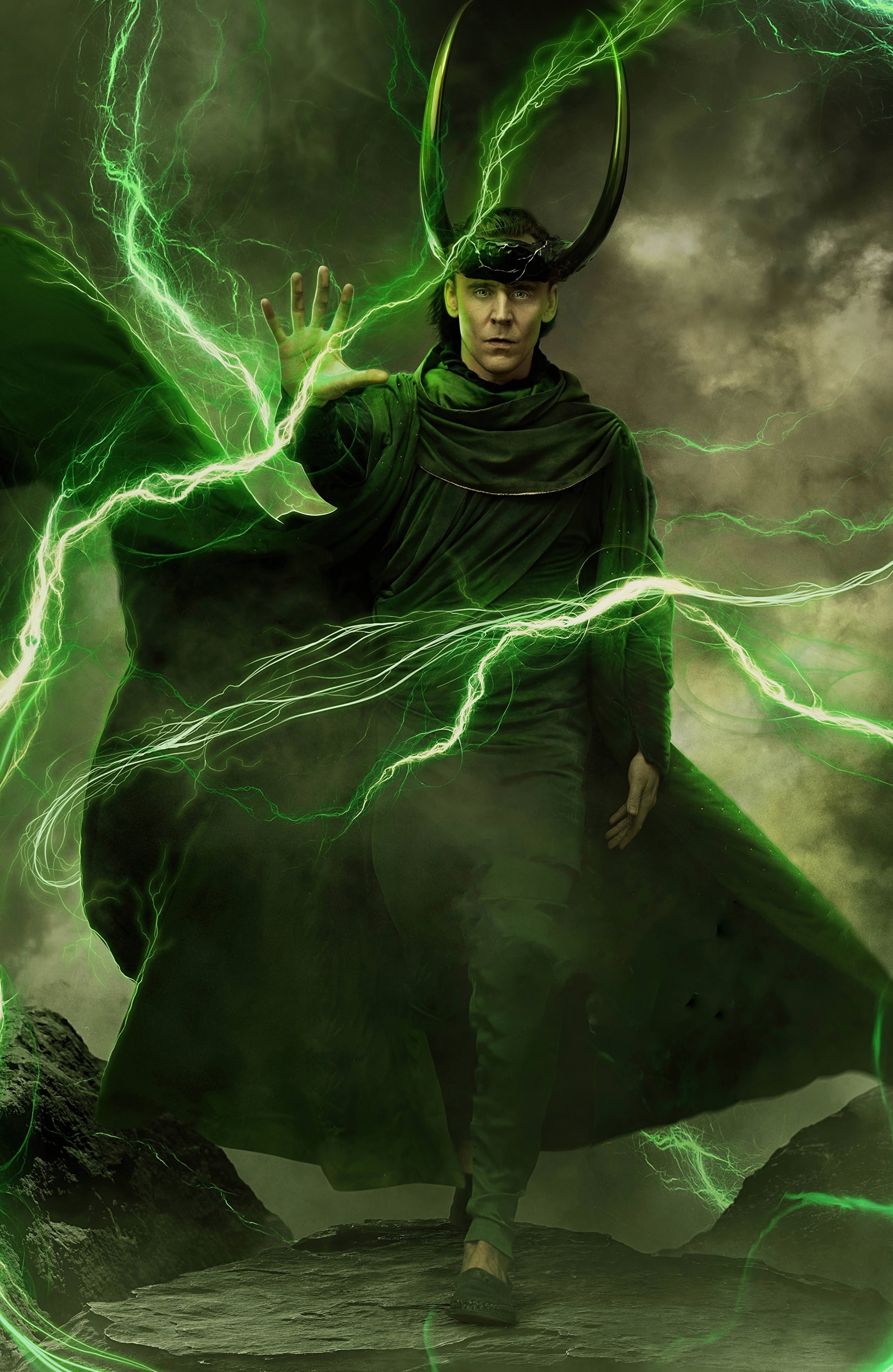 A male character with dark hair and a horned helmet, surrounded by green lightning bolts and appearing to cast a magical spell.