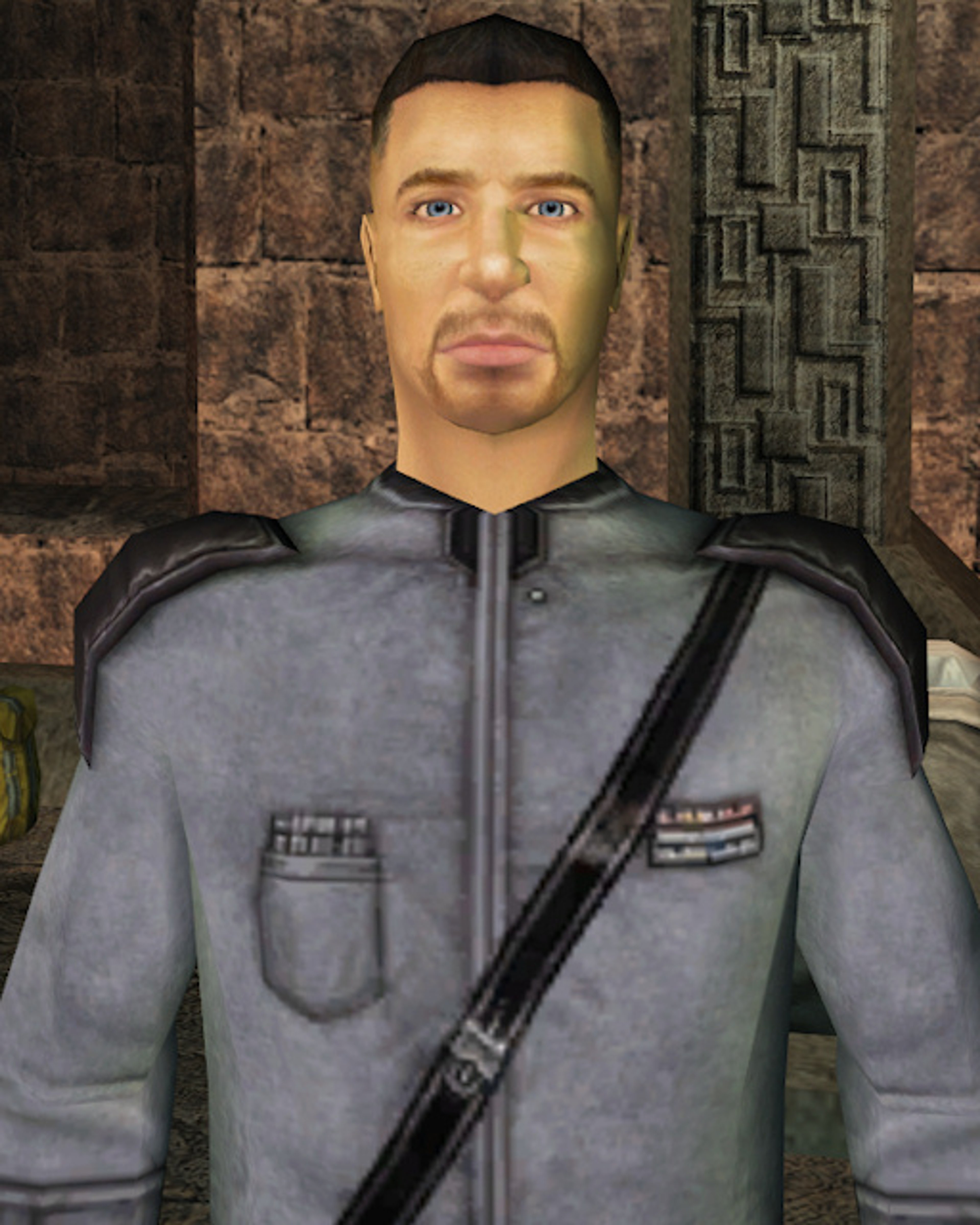 A Sith apprentice with olive skin, blue eyes, and brown hair wearing a gray uniform with black accents