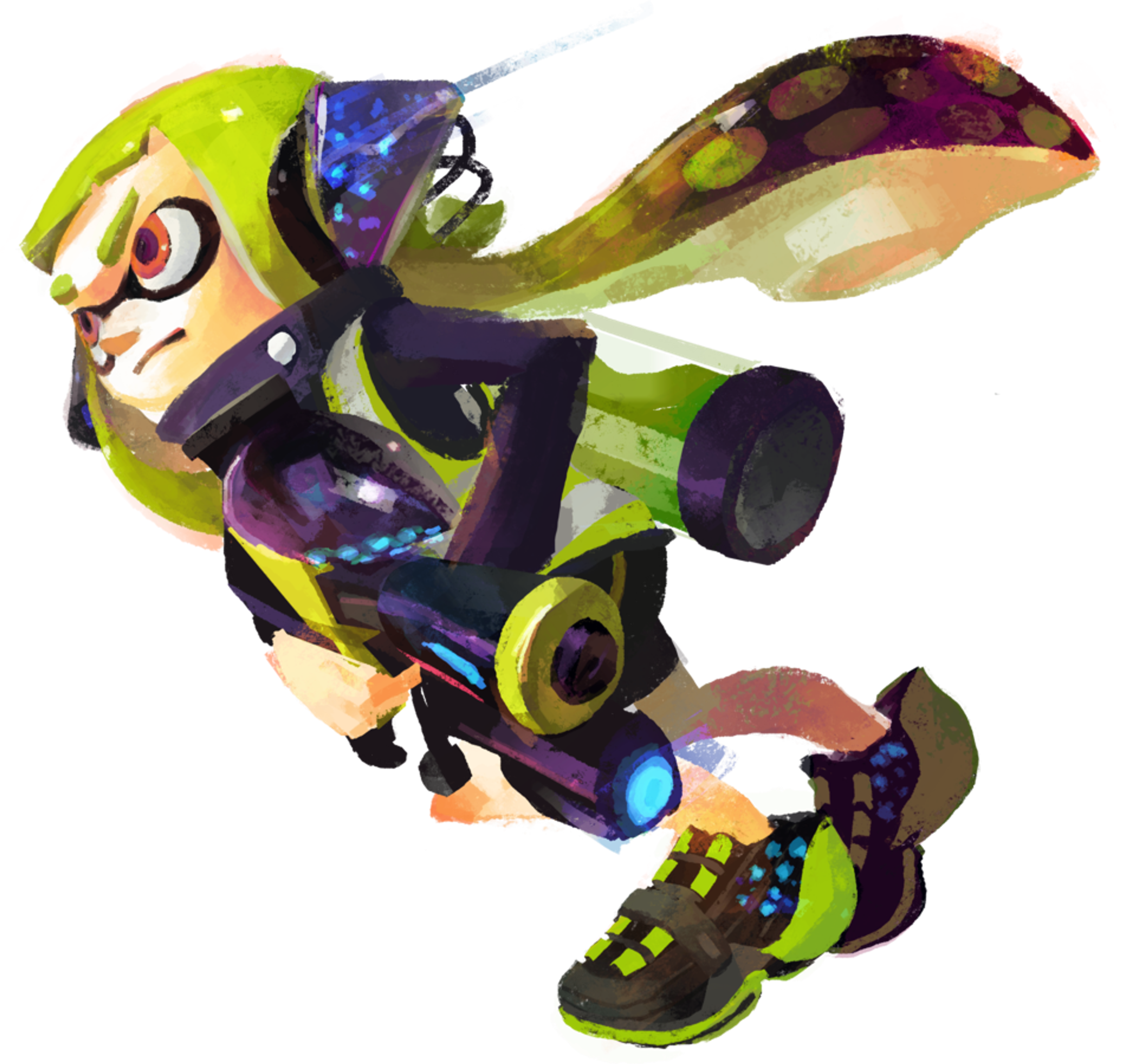 A detailed, stylized character design of an Inkling agent from the Splatoon video game franchise.