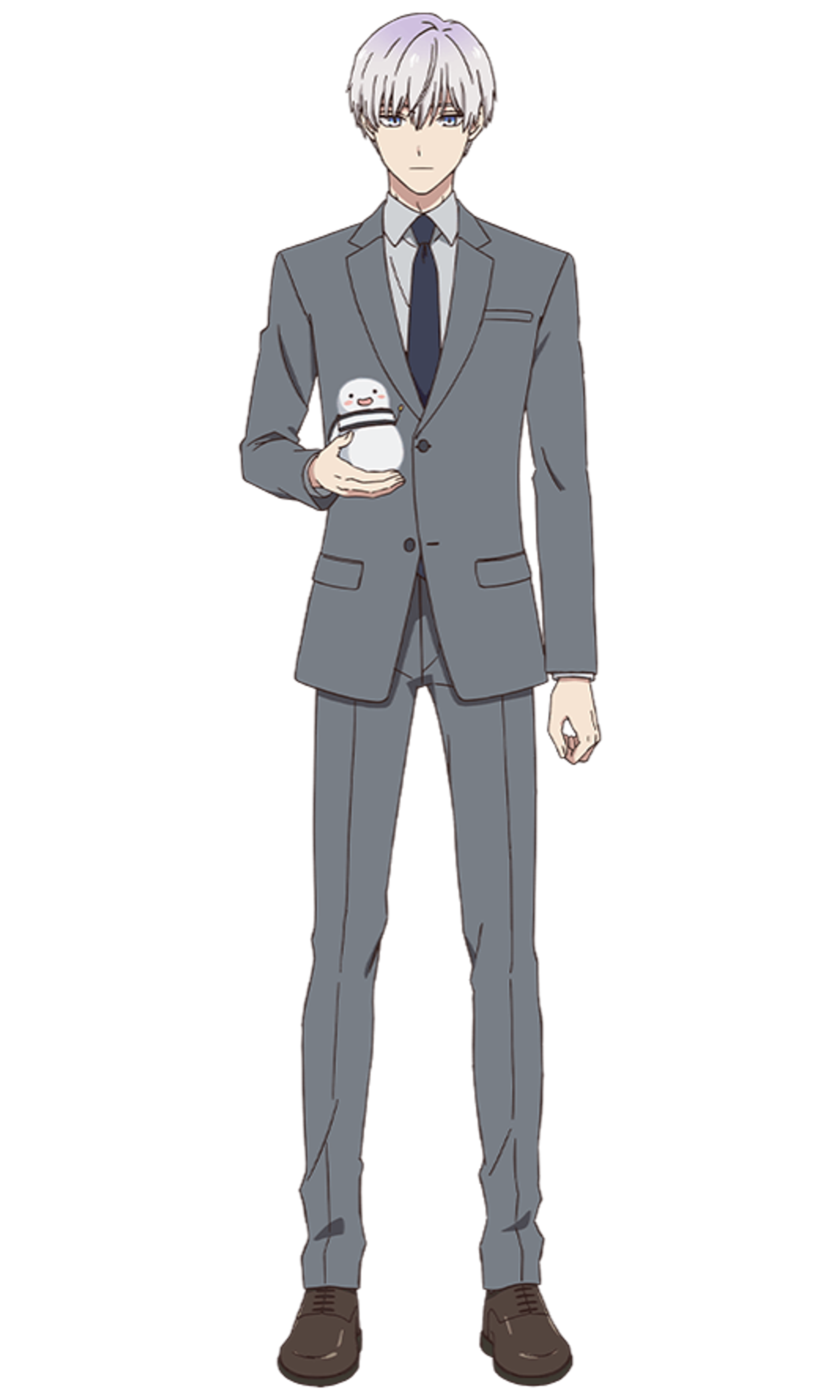 A young man with silver hair and blue eyes wearing a gray suit