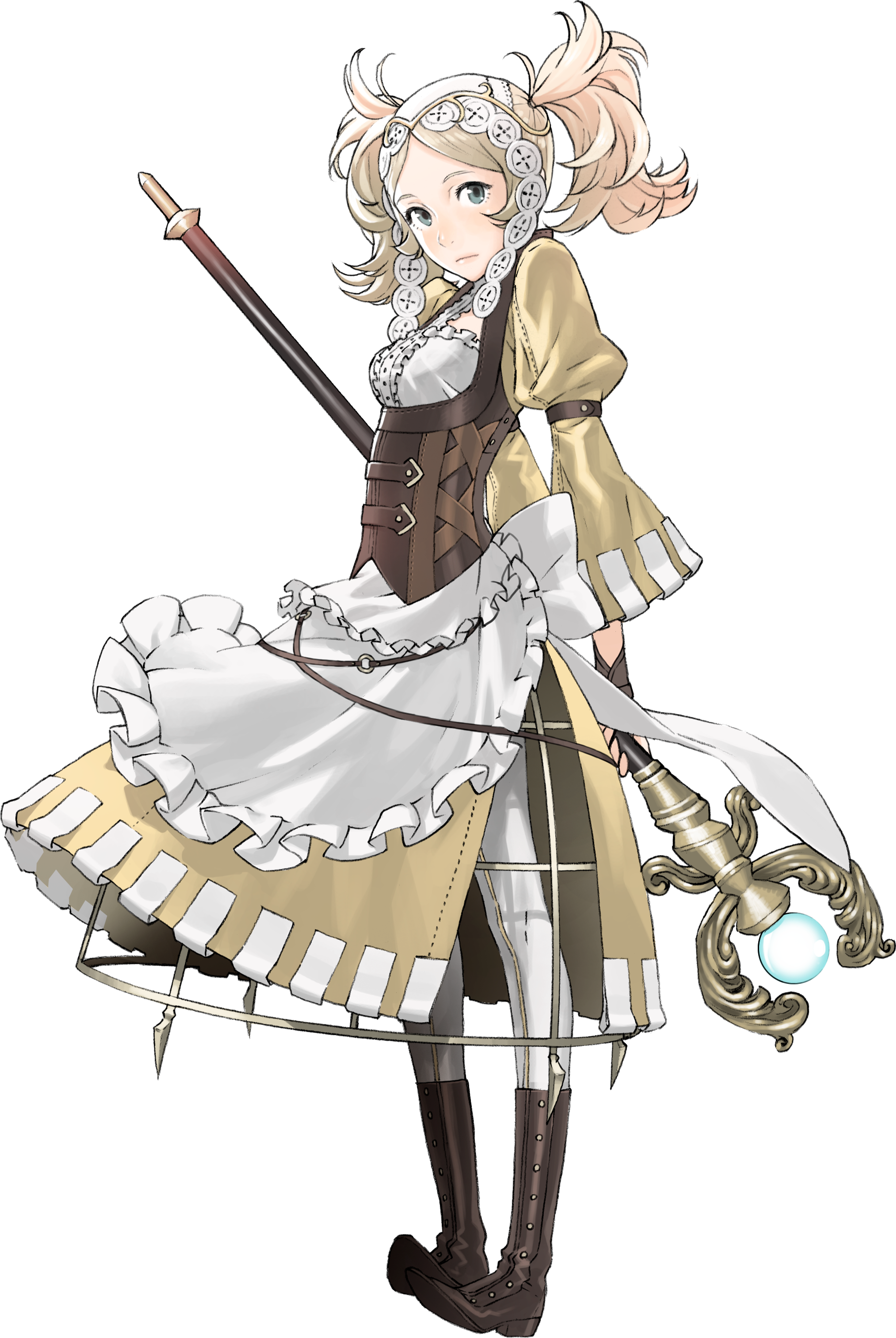 A young woman in a frilly, lace-trimmed dress holding a staff or wand and smiling cheerfully.