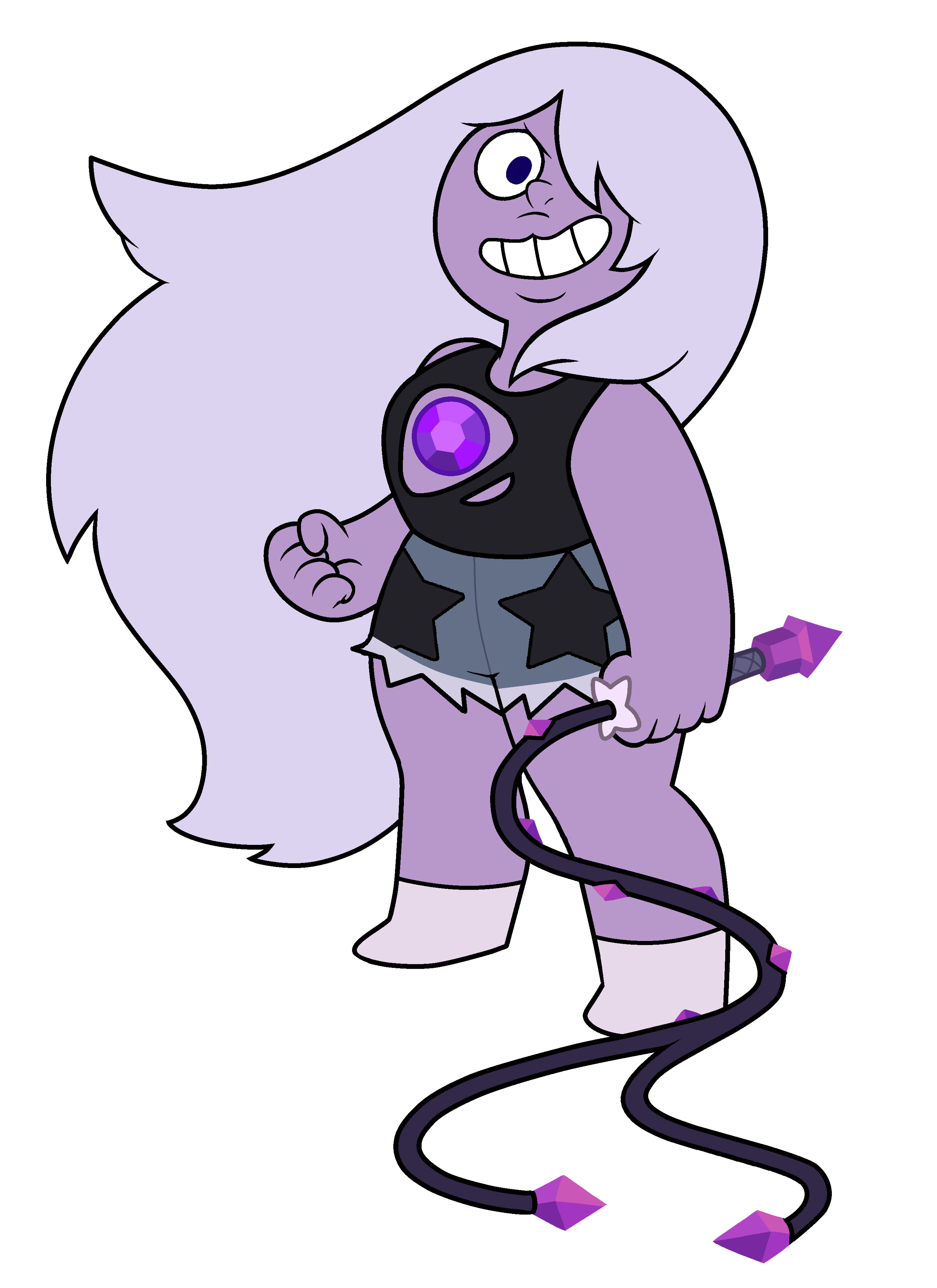 A cartoon character named Amethyst, a member of the Crystal Gems, with lilac skin, dark eyes, and messy lavender hair.