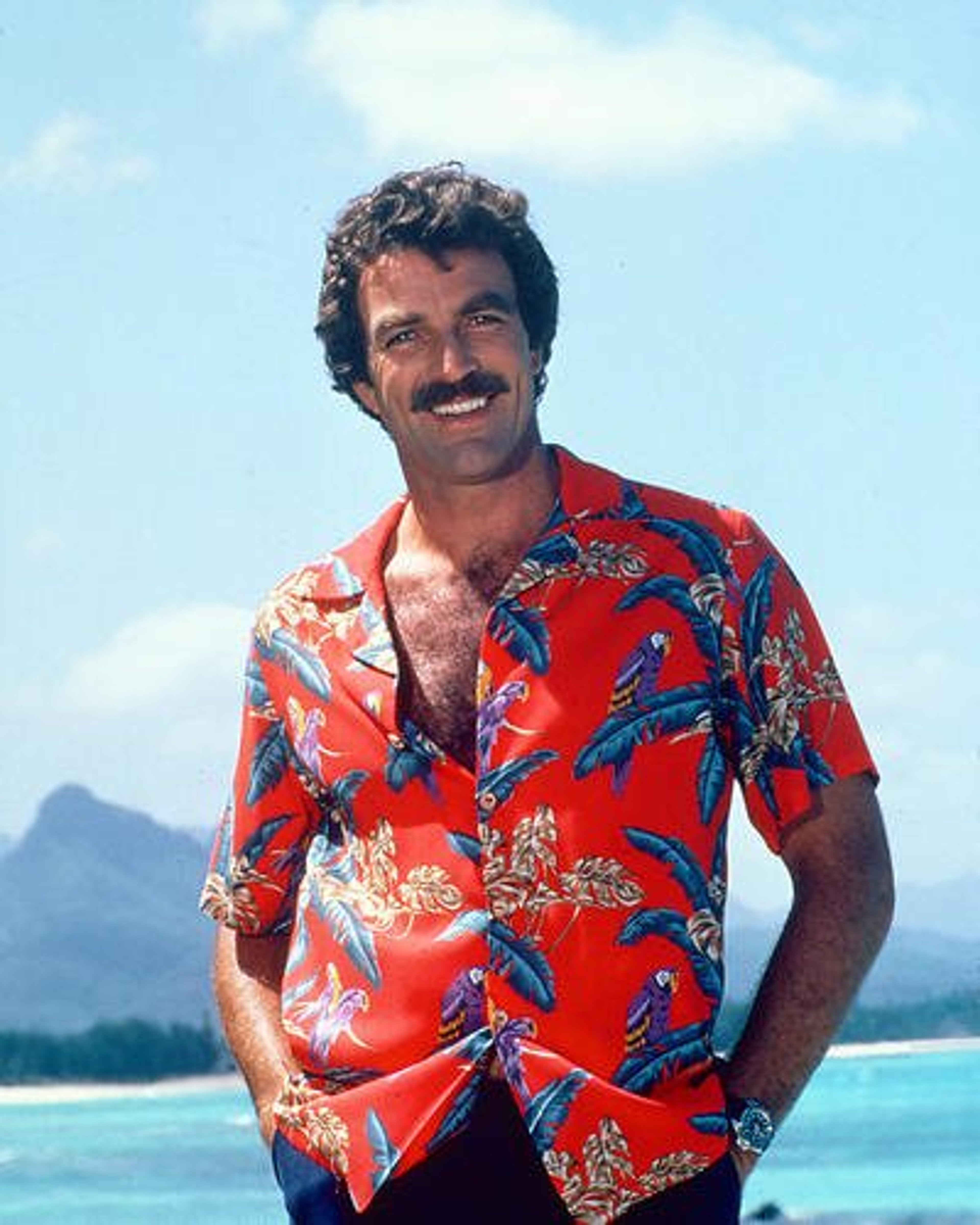 A man in a Hawaiian shirt standing on a tropical beach