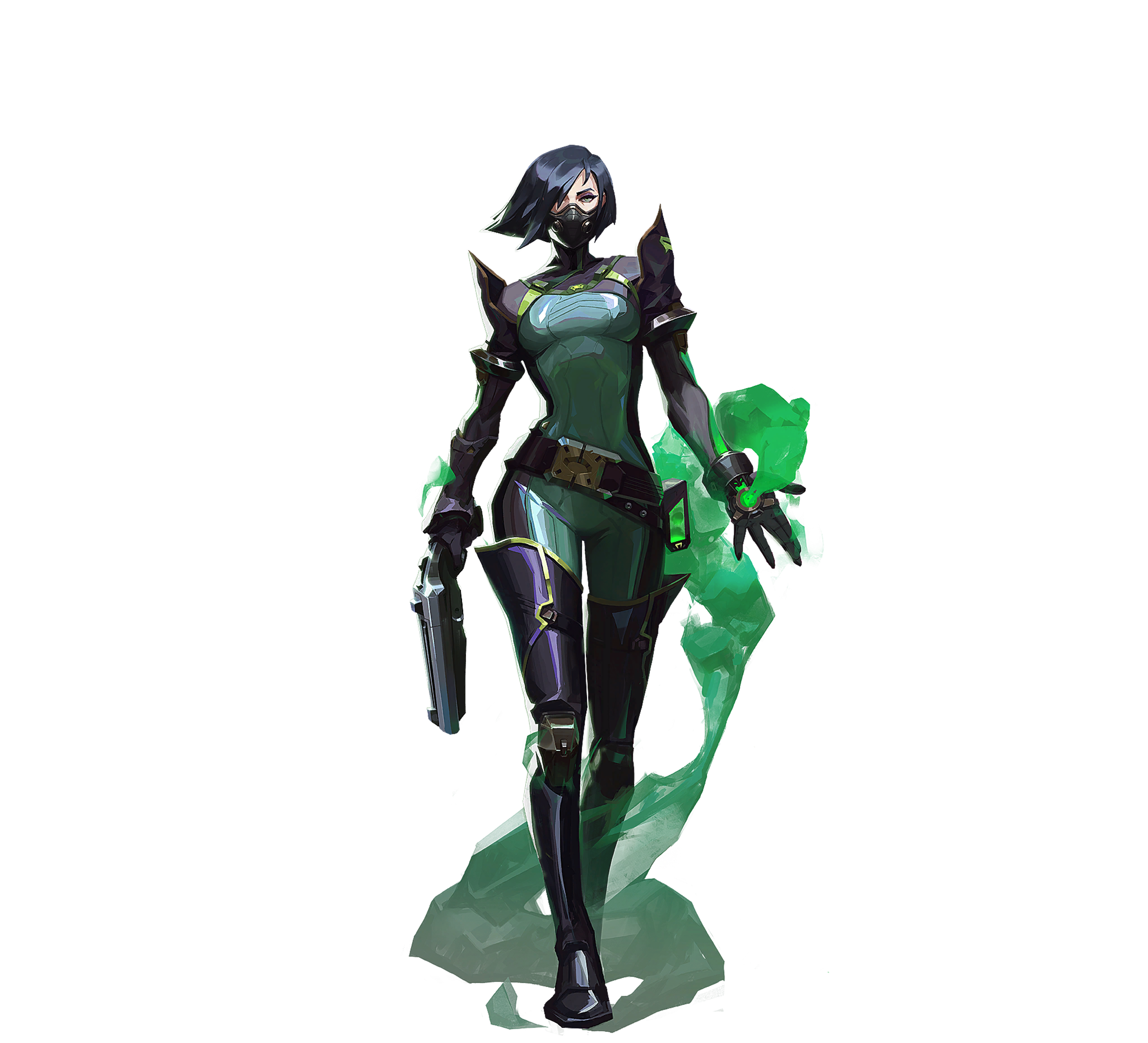 A female character in a black and green bodysuit holding a glowing green object