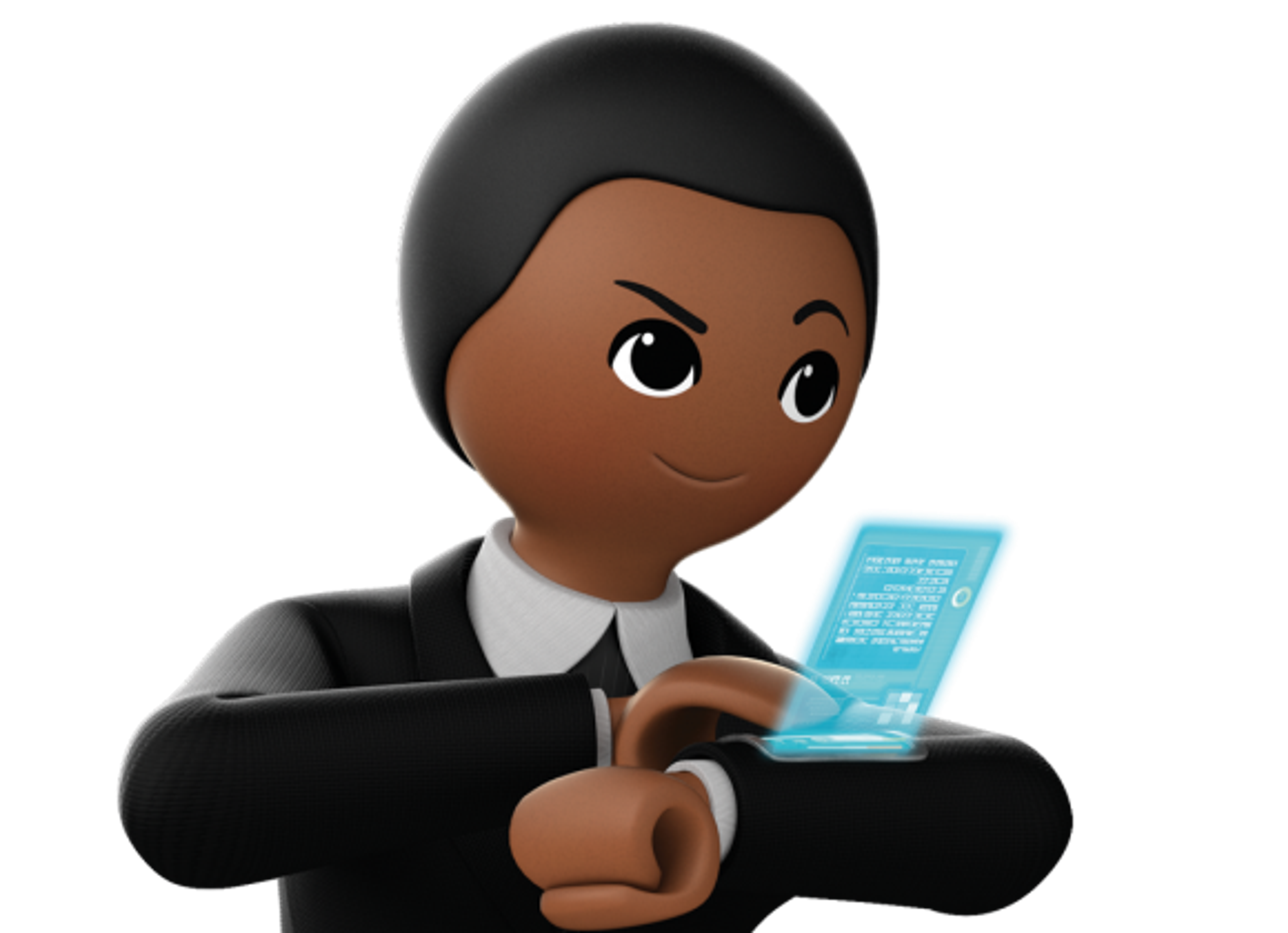 A young Black male character in a black suit holding a futuristic-looking holopad device