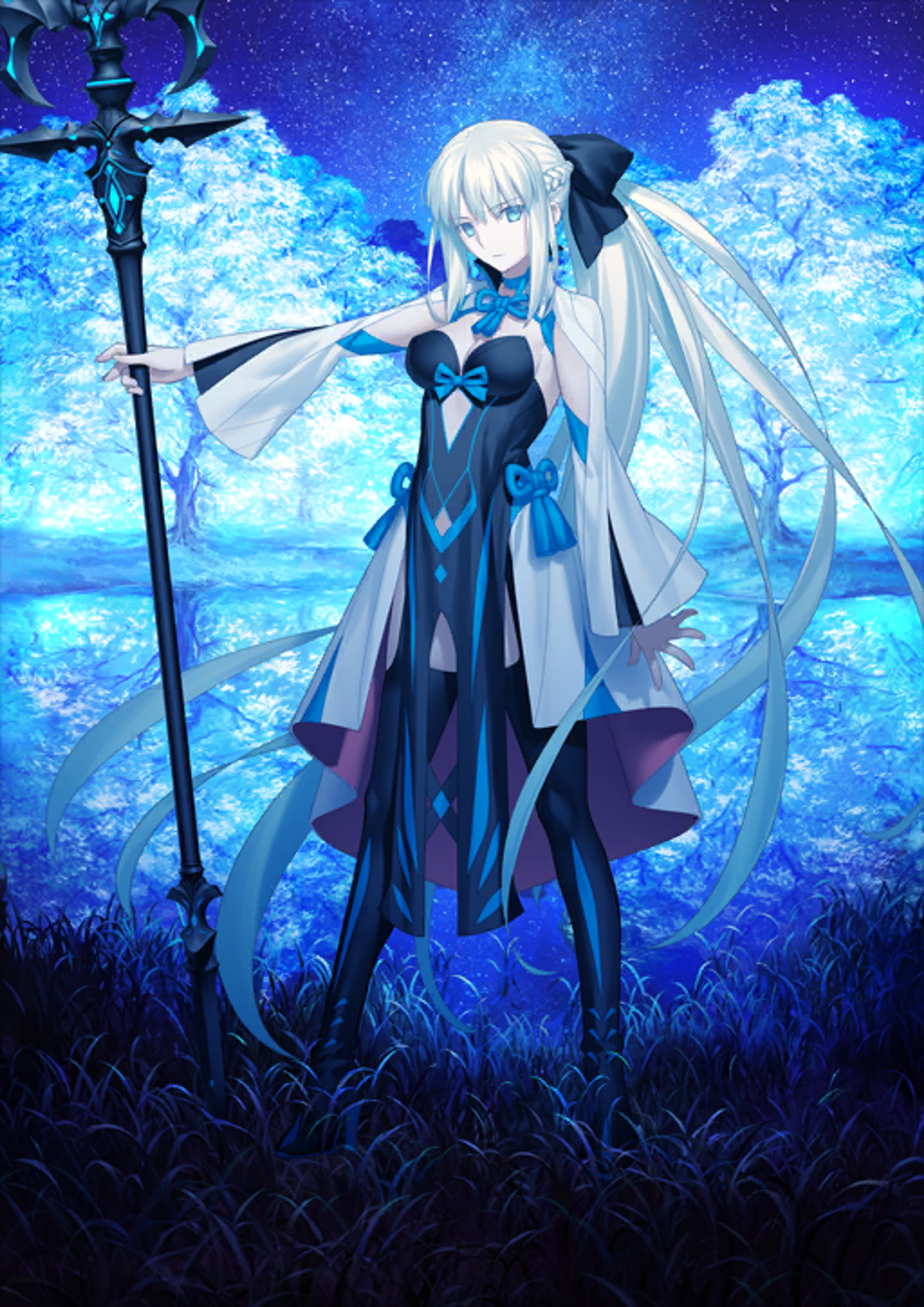 A powerful and enigmatic female figure in a dark blue dress, holding a staff, standing in a snowy, magical landscape.